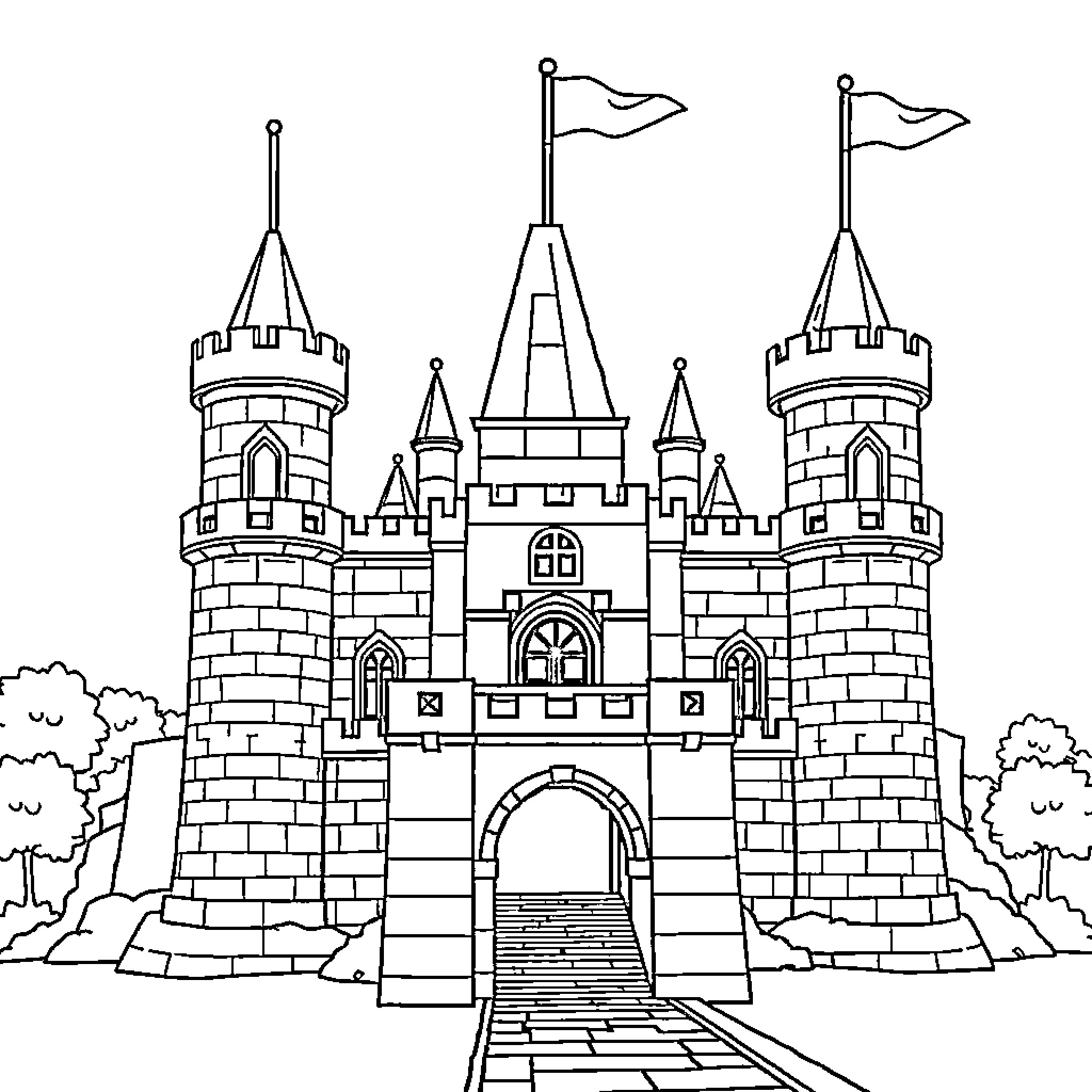 Lego Brick Castle with Flags and Towers Coloring Page (free black-and-white line drawing printable PDF for all, from beginners to advanced learners, including children, teens, adults, and seniors)