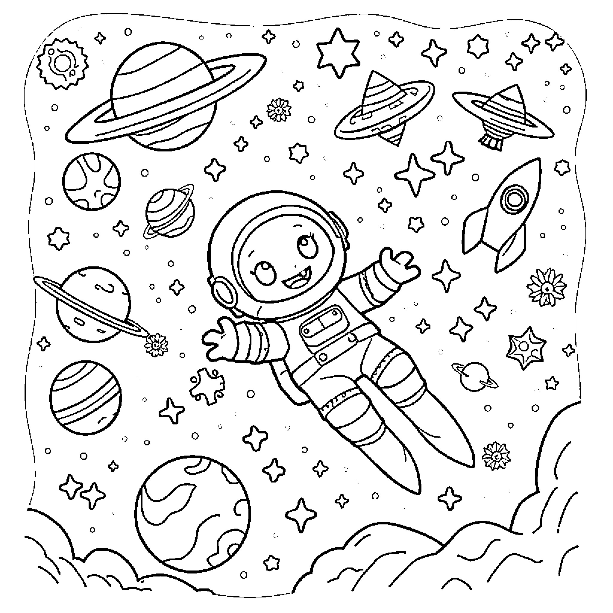Astronaut exploring the colorful cosmic space Coloring Page (free black-and-white line drawing printable PDF for all, from beginners to advanced learners, including children, teens, adults, and seniors)