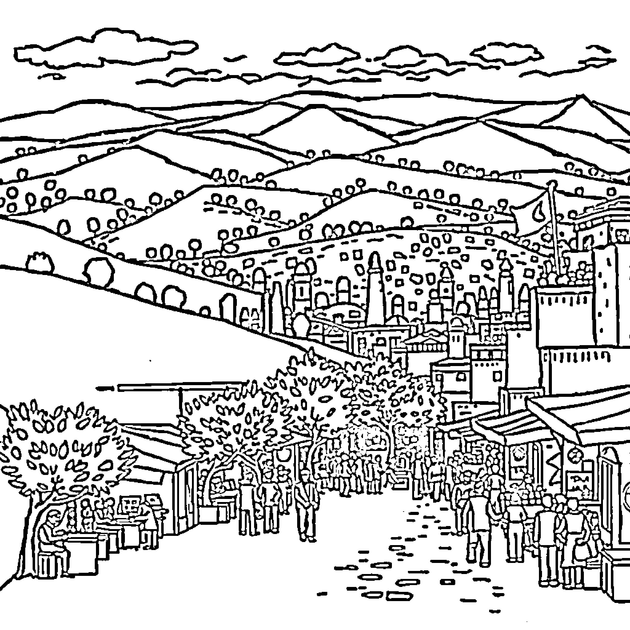 Palestine: Vibrant Cityscape with Bustling Streets Coloring Page (free black-and-white line drawing printable PDF for all, from beginners to advanced learners, including children, teens, adults, and seniors)