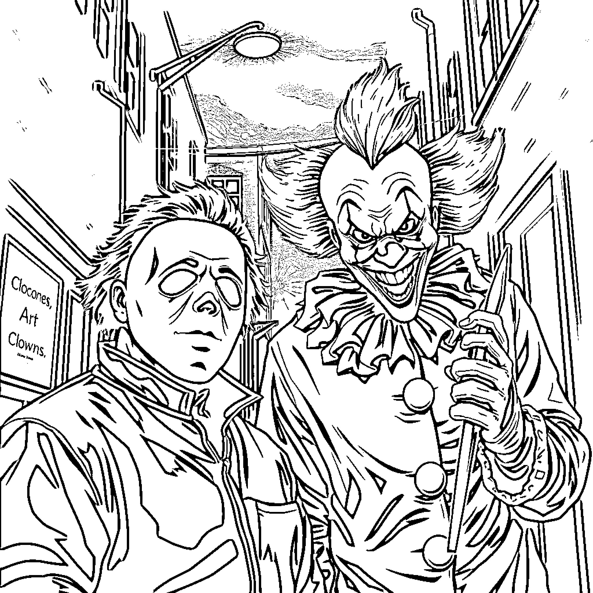 Michael Myers and the Menacing Clown Coloring Page (free black-and-white line drawing printable PDF for all, from beginners to advanced learners, including children, teens, adults, and seniors)