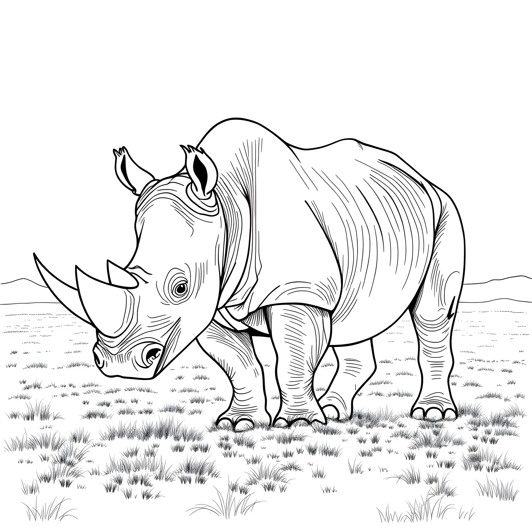 Rhinoceros standing tall in the grasslands Coloring Page (free black-and-white line drawing printable PDF for all, from beginners to advanced learners, including children, teens, adults, and seniors)