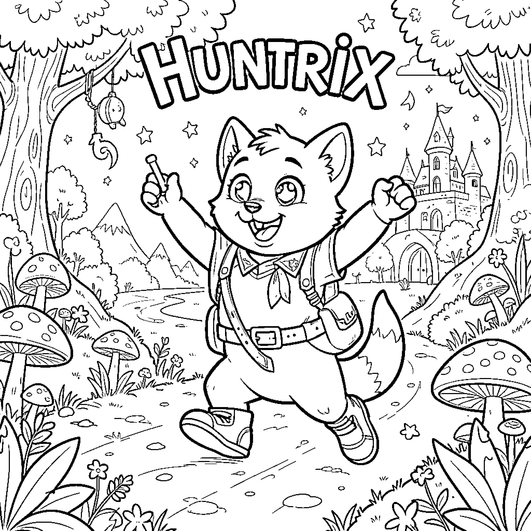 Huntrix happy fox adventurer exploring a magical forest Coloring Page (free black-and-white line drawing printable PDF for all, from beginners to advanced learners, including children, teens, adults, and seniors)