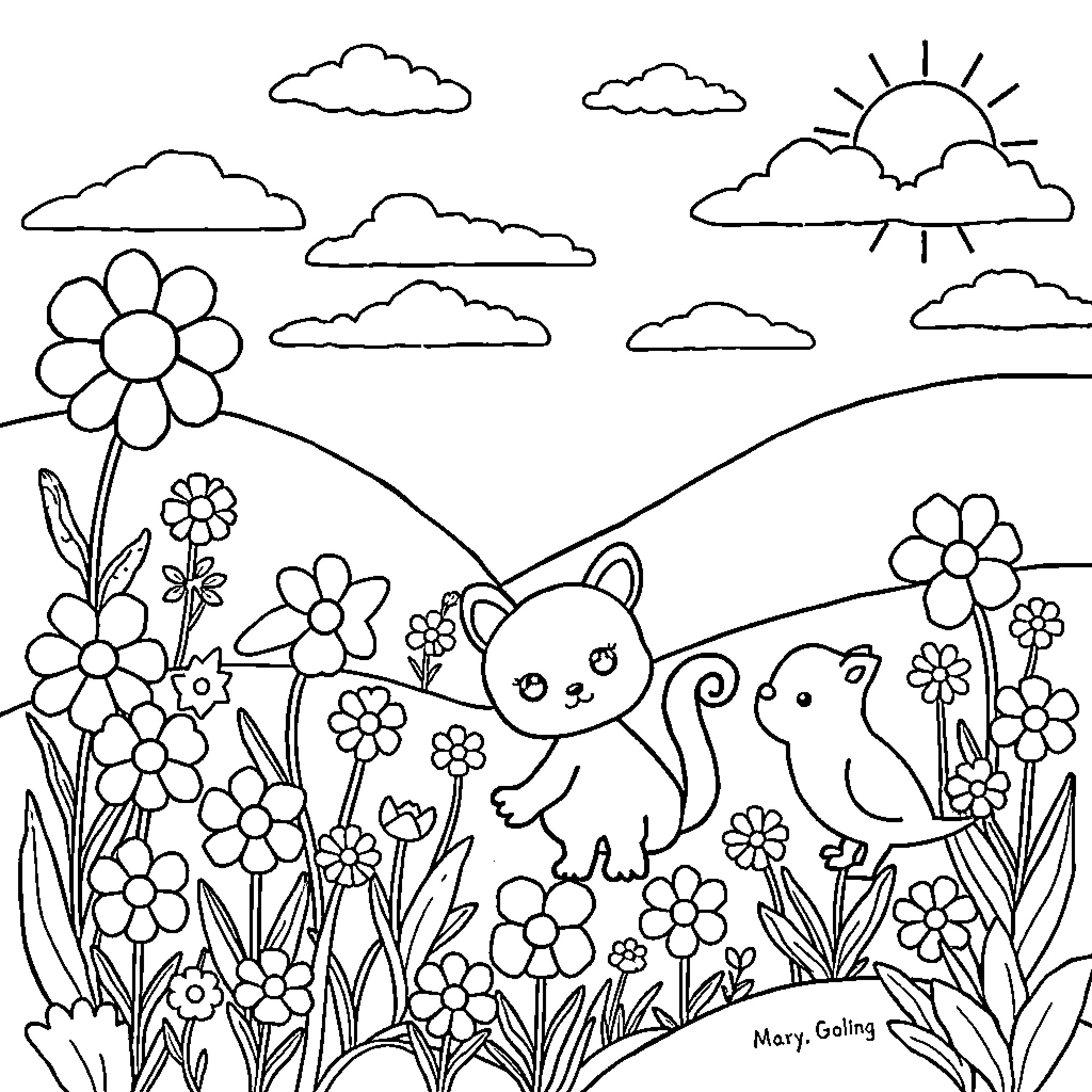 Spring scene with cute animals and blossoming flowers Coloring Page (free black-and-white line drawing printable PDF for all, from beginners to advanced learners, including children, teens, adults, and seniors)
