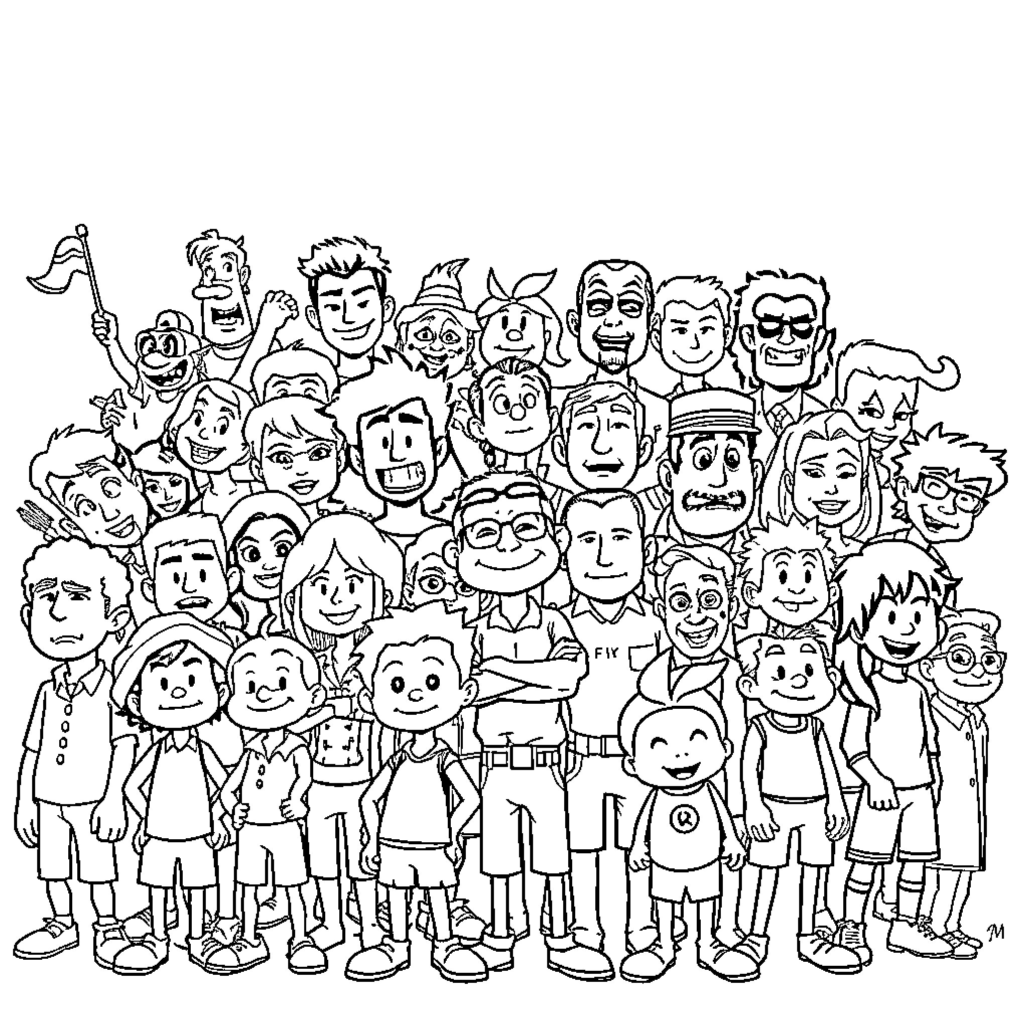 Cartoon Characters in a Group Coloring Page (free black-and-white line drawing printable PDF for all, from beginners to advanced learners, including children, teens, adults, and seniors)