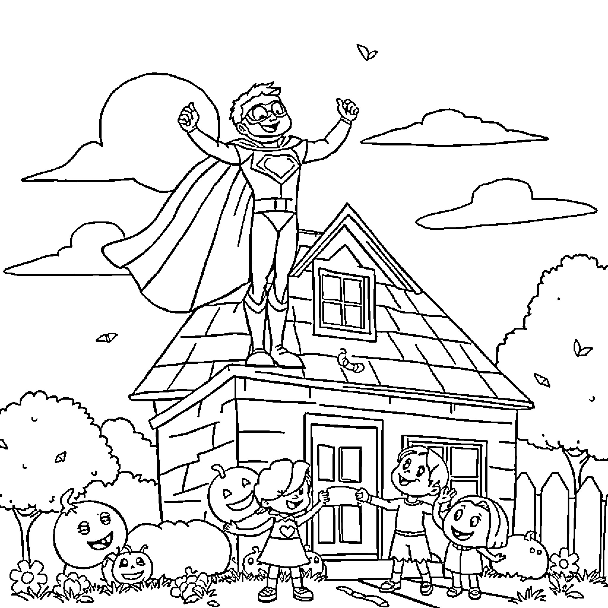 Superhero Saves the Day in Friendly Neighborhood Coloring Page (free black-and-white line drawing printable PDF for all, from beginners to advanced learners, including children, teens, adults, and seniors)