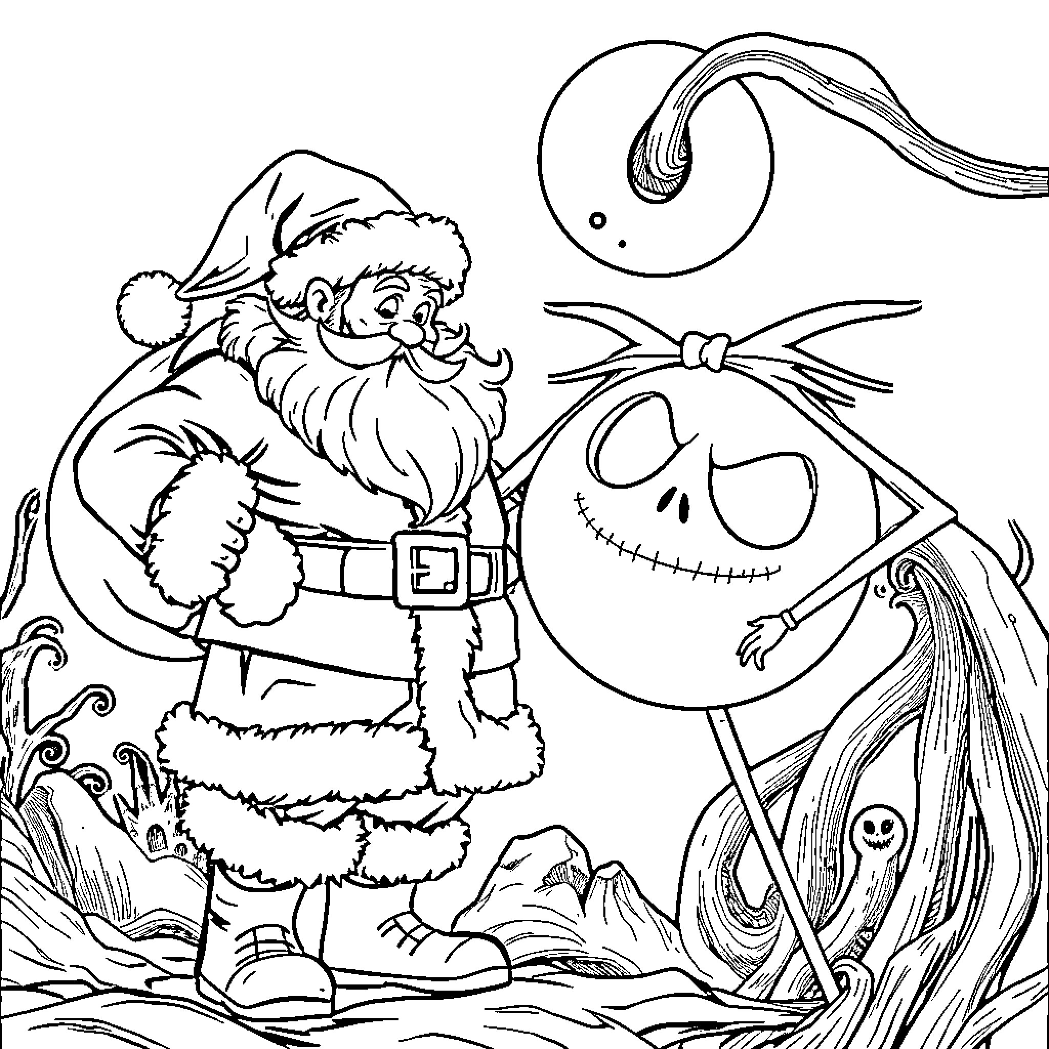 Santa Claus meets a spooky figure in the snowy forest Coloring Page (free black-and-white line drawing printable PDF for all, from beginners to advanced learners, including children, teens, adults, and seniors)