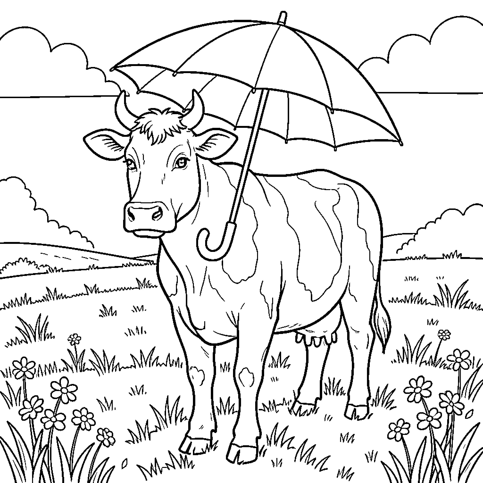 Cow standing in a meadow under an umbrella Coloring Page (free black-and-white line drawing printable PDF for all, from beginners to advanced learners, including children, teens, adults, and seniors)
