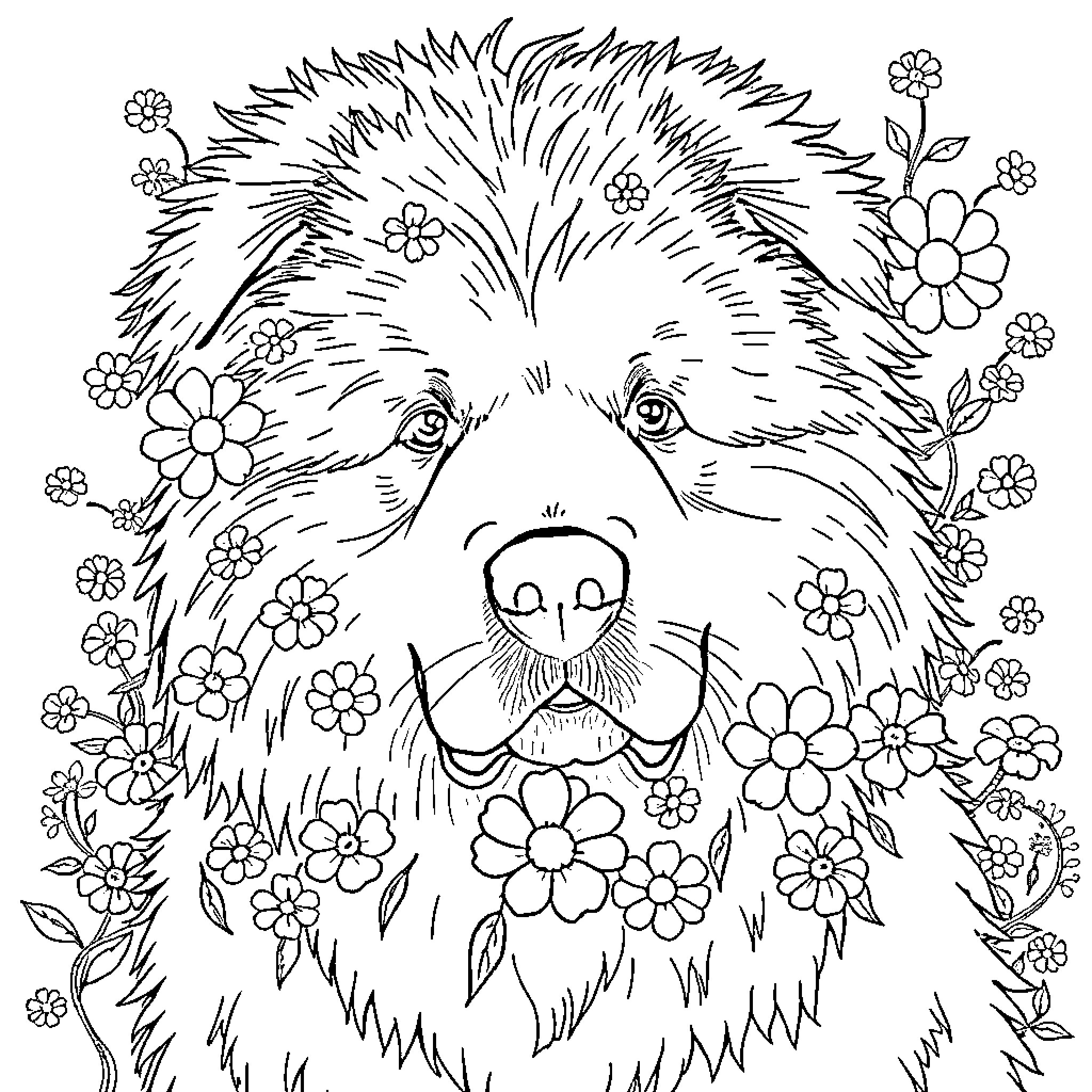 Great Pyrenees surrounded by blooming flowers Coloring Page (free black-and-white line drawing printable PDF for all, from beginners to advanced learners, including children, teens, adults, and seniors)