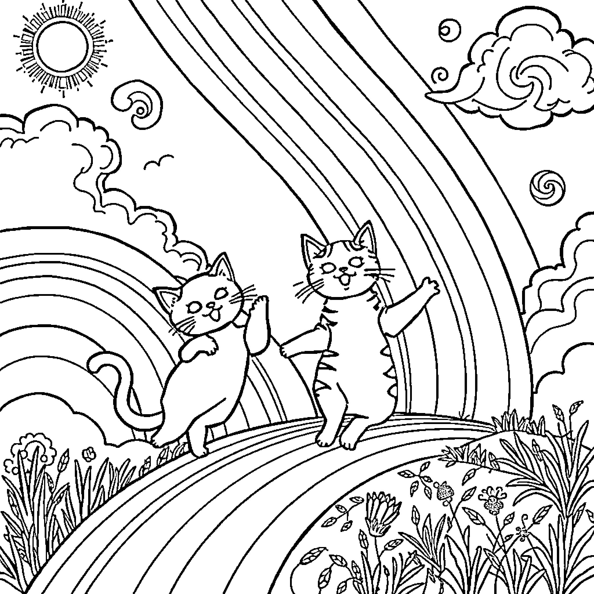 Cat companions exploring the colorful landscape Coloring Page (free black-and-white line drawing printable PDF for all, from beginners to advanced learners, including children, teens, adults, and seniors)