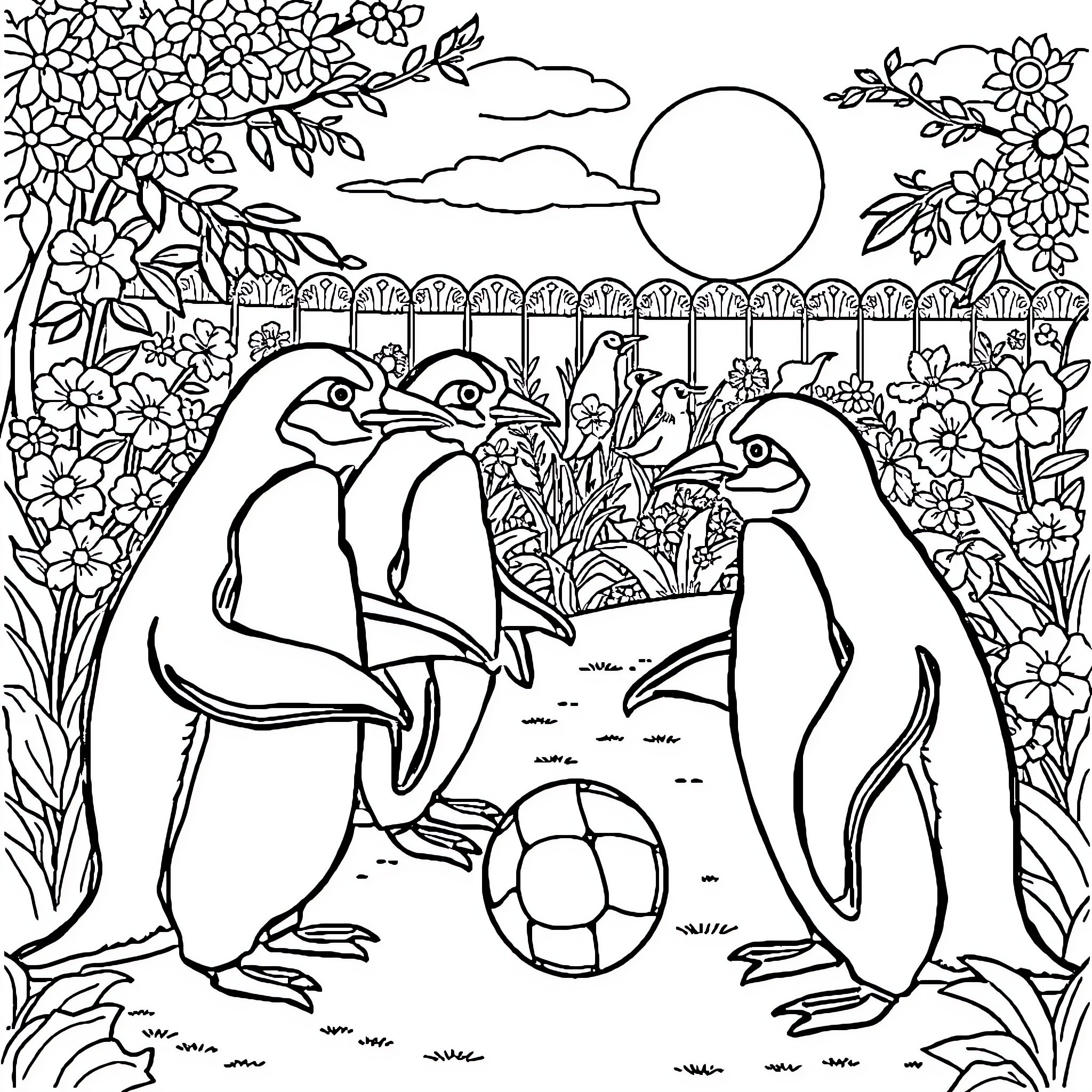 Penguins playing with a ball in a floral garden Coloring Page (free black-and-white line drawing printable PDF for all, from beginners to advanced learners, including children, teens, adults, and seniors)