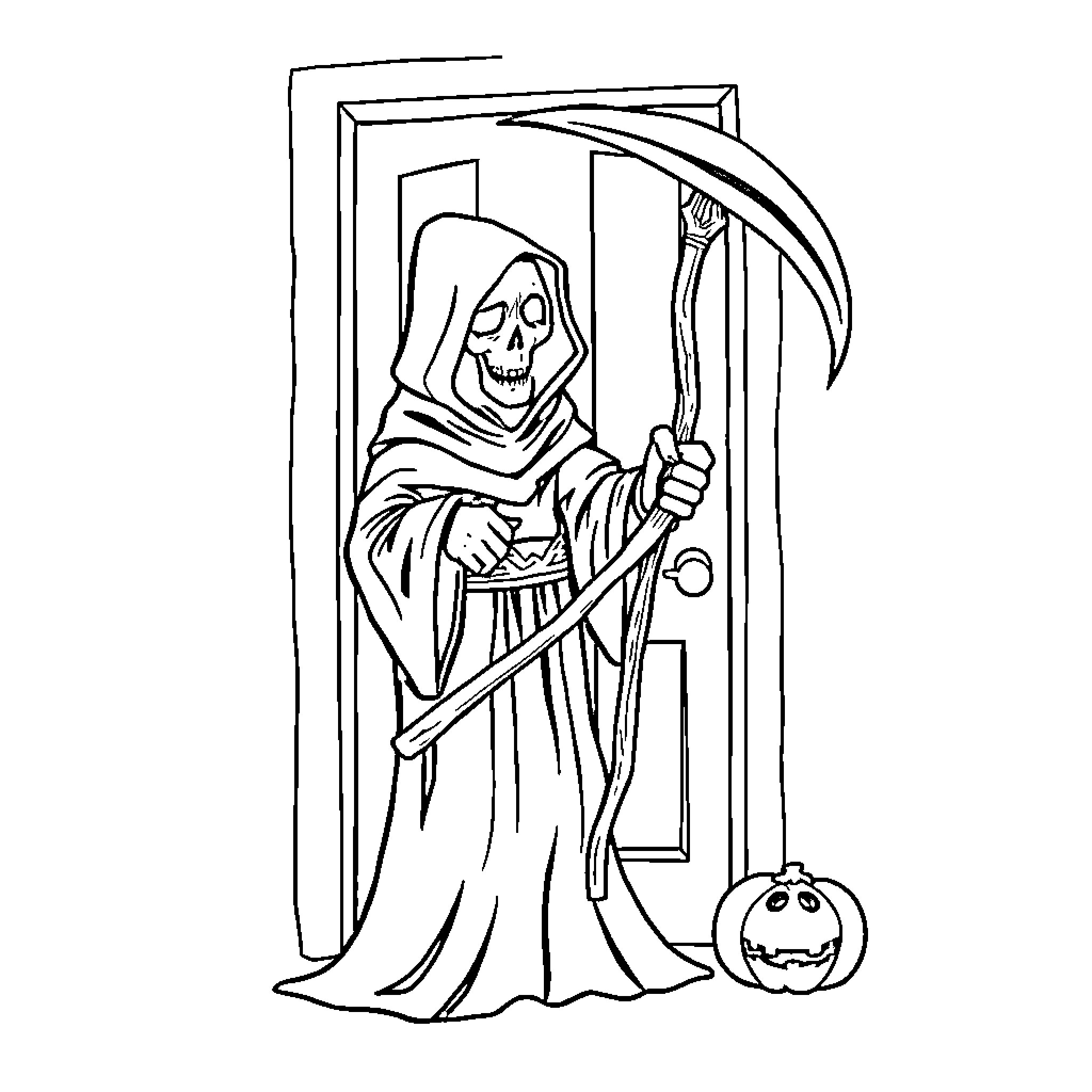 Grim Reaper at the Doorway Coloring Page (free black-and-white line drawing printable PDF for all, from beginners to advanced learners, including children, teens, adults, and seniors)