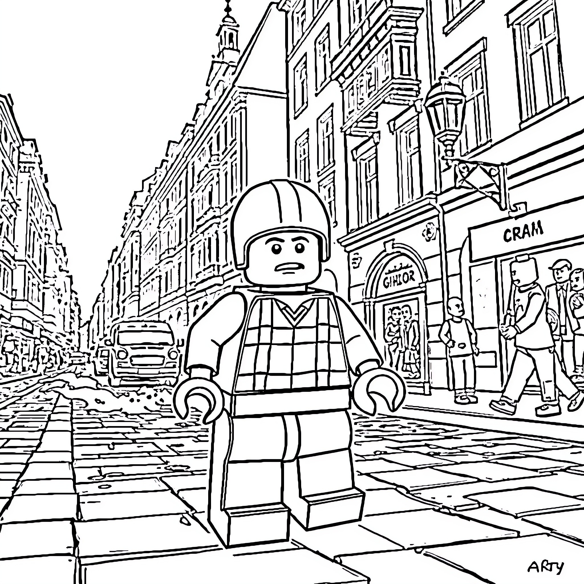 Lego Figurine on a City Street Coloring Page (free black-and-white line drawing printable PDF for all, from beginners to advanced learners, including children, teens, adults, and seniors)