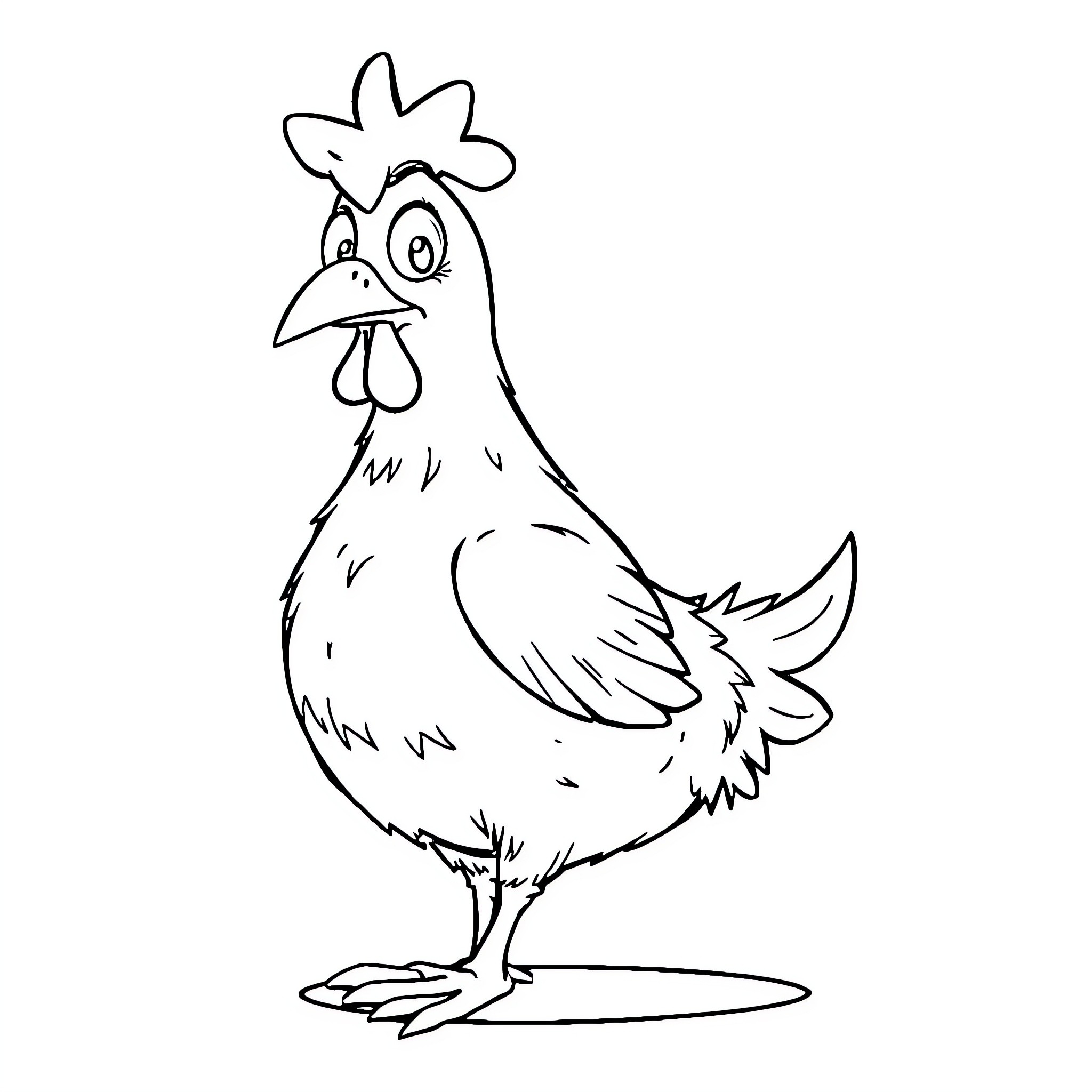 Chicken character in amusing pose Coloring Page (free black-and-white line drawing printable PDF for all, from beginners to advanced learners, including children, teens, adults, and seniors)