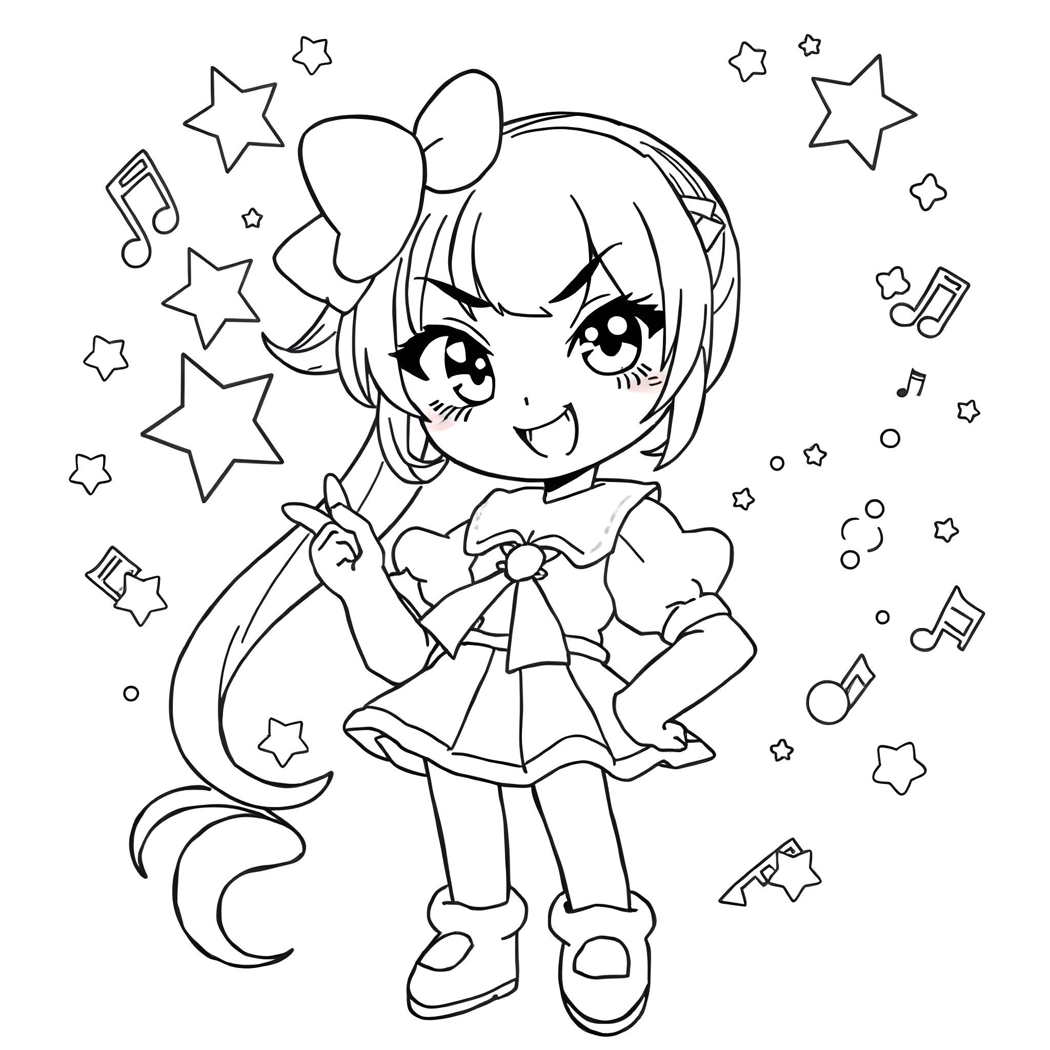 Kuromi in a playful and energetic pose with stars Coloring Page (free black-and-white line drawing printable PDF for all, from beginners to advanced learners, including children, teens, adults, and seniors)