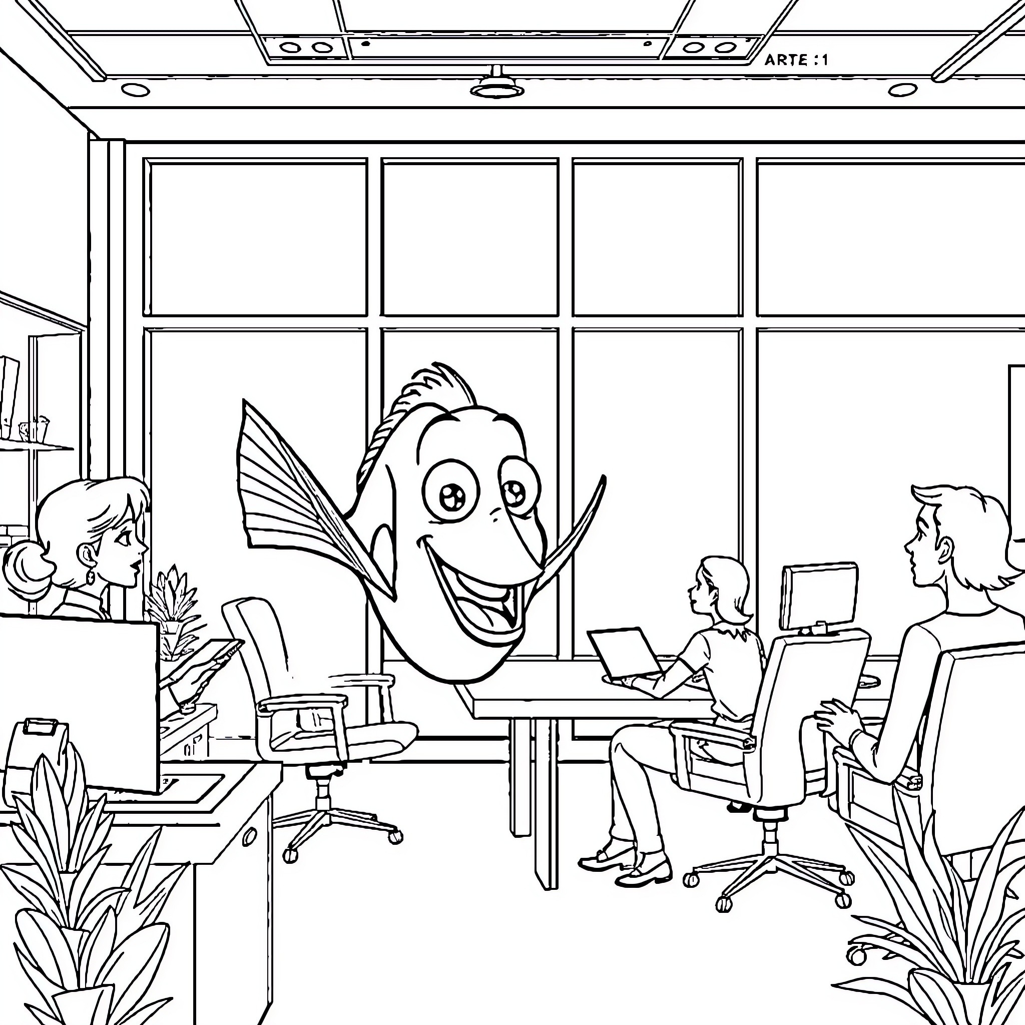 Dory exploring the human workplace Coloring Page (free black-and-white line drawing printable PDF for all, from beginners to advanced learners, including children, teens, adults, and seniors)