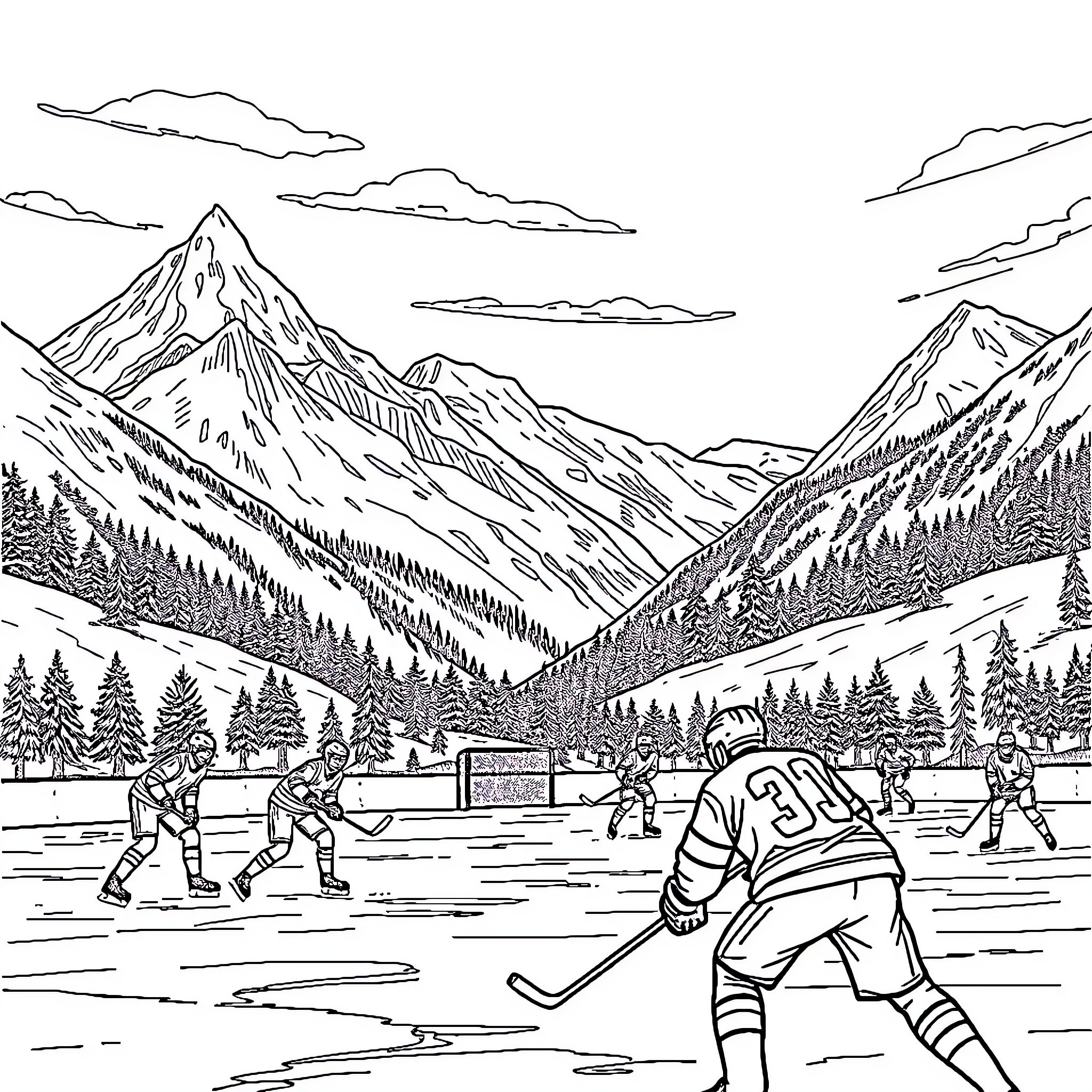 Hockey Players in Scenic Mountain Landscape Coloring Page (free black-and-white line drawing printable PDF for all, from beginners to advanced learners, including children, teens, adults, and seniors)