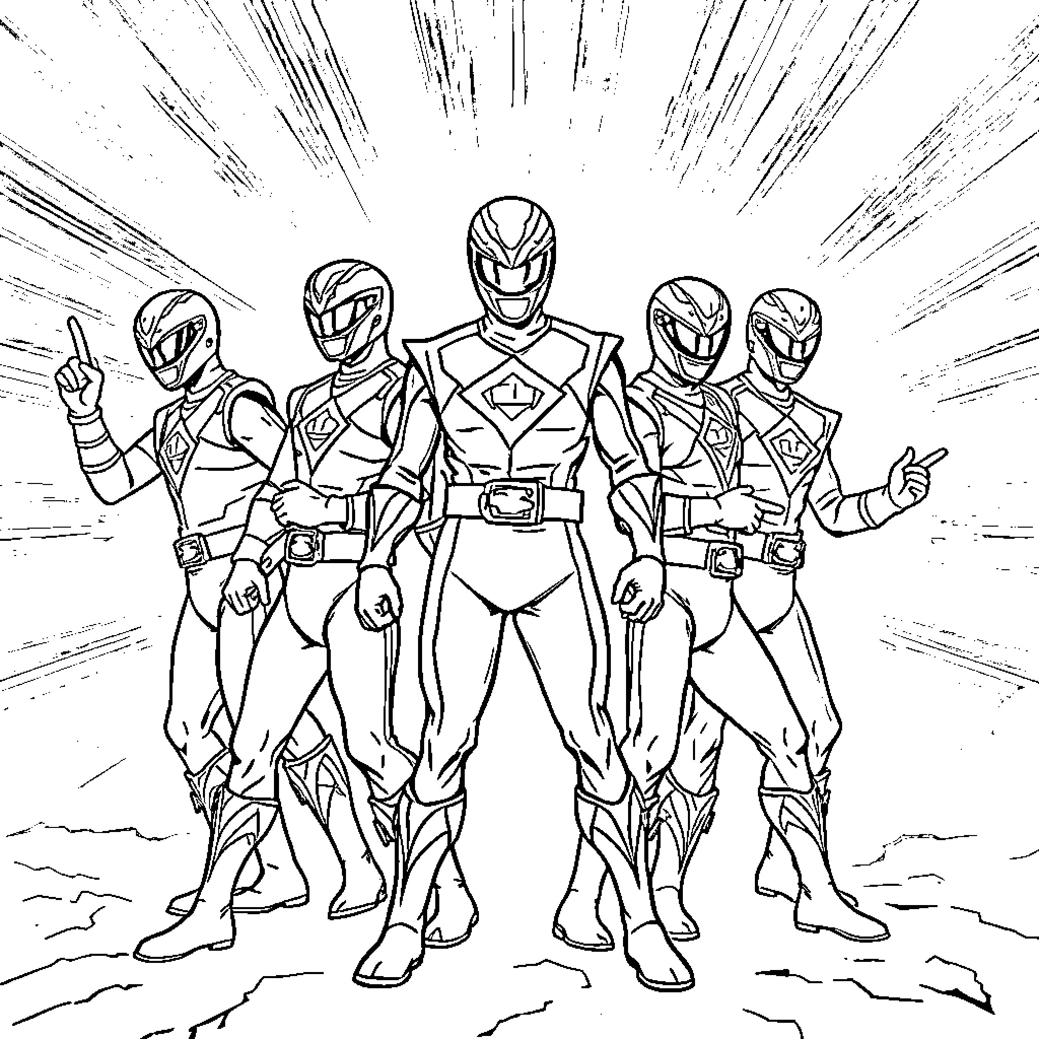 Power Rangers in Action Pose with Belts and Symbols Coloring Page (free black-and-white line drawing printable PDF for all, from beginners to advanced learners, including children, teens, adults, and seniors)