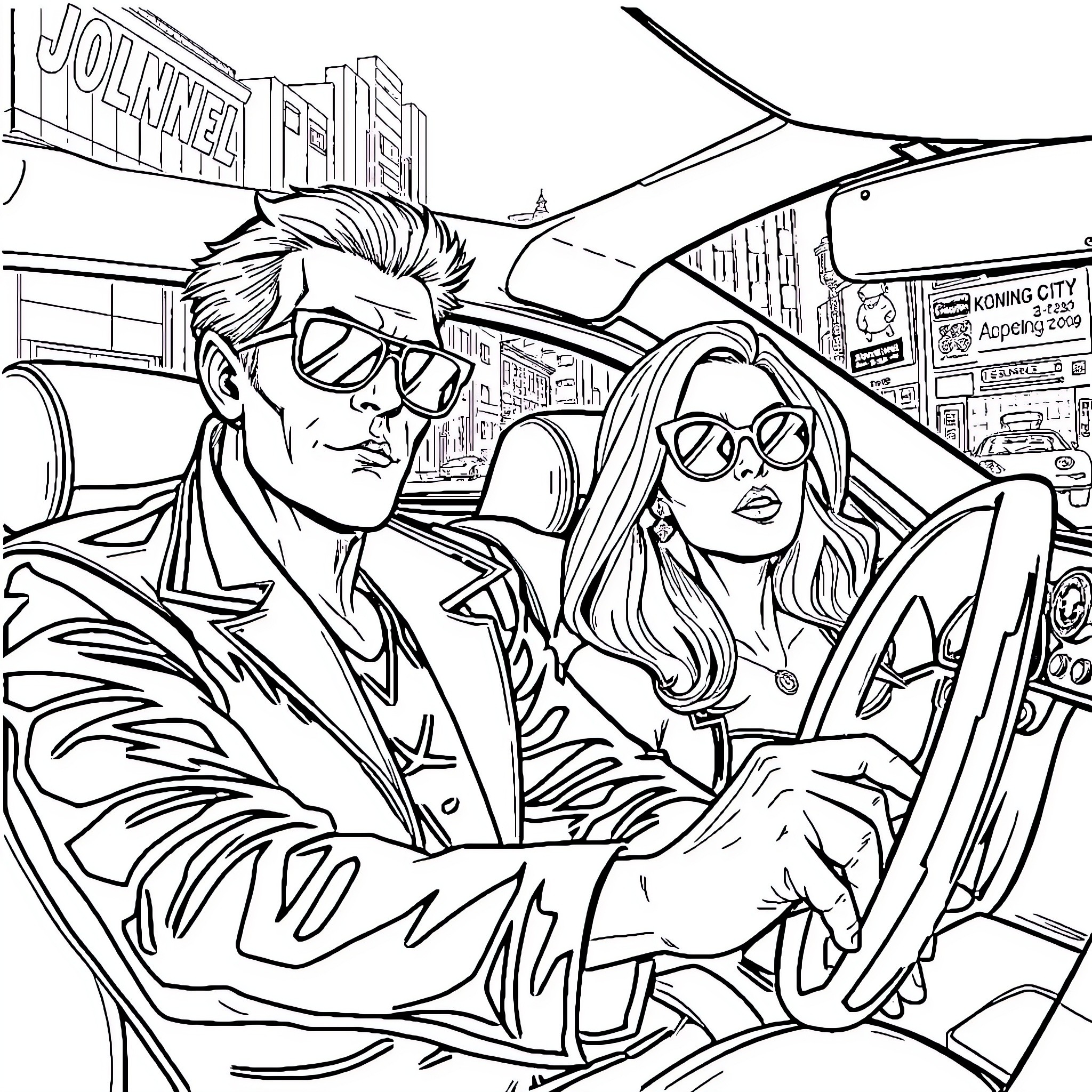 Johnny Silverhand and companion driving in the city Coloring Page (free black-and-white line drawing printable PDF for all, from beginners to advanced learners, including children, teens, adults, and seniors)