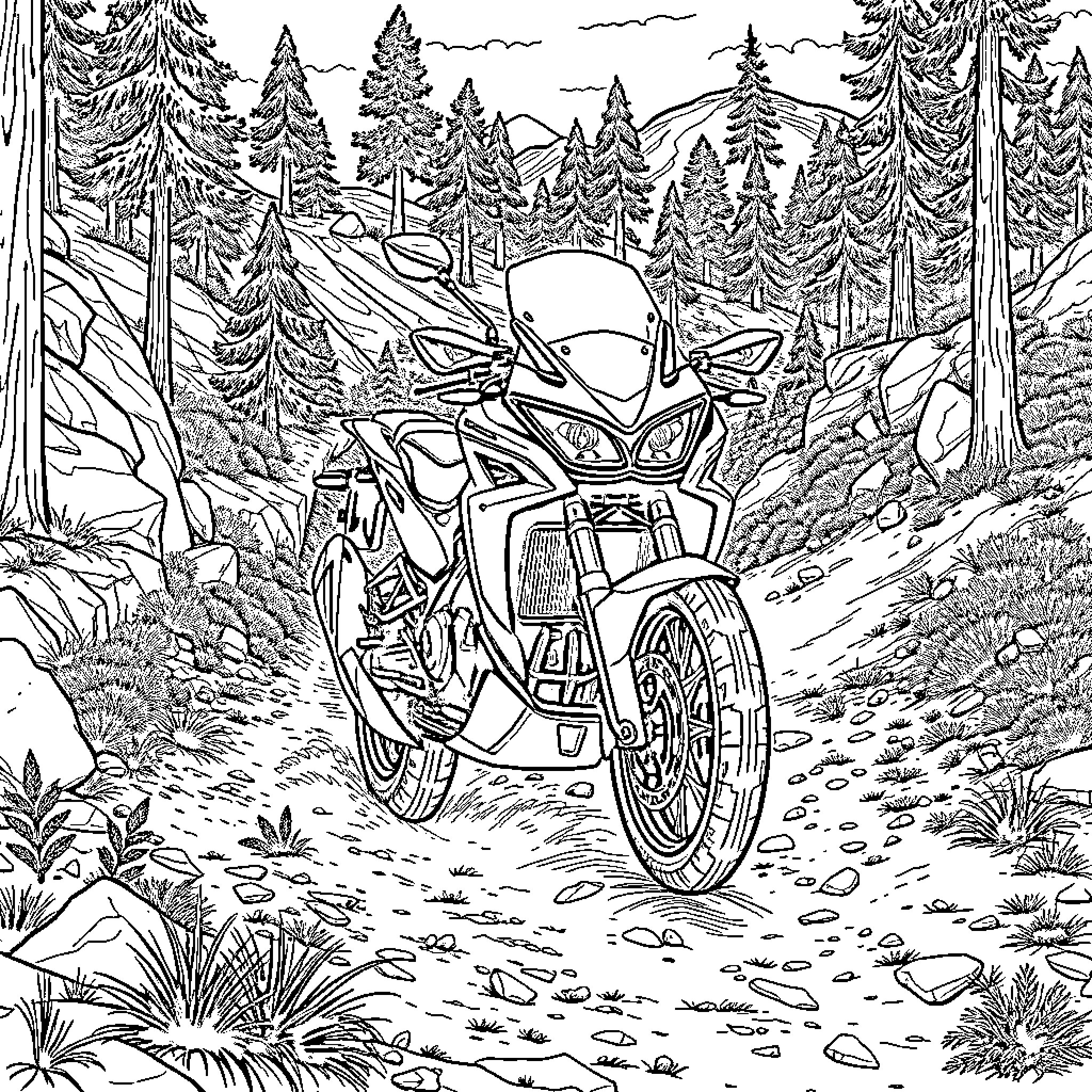 Honda Prologue motorcycle riding through scenic forest Coloring Page (free black-and-white line drawing printable PDF for all, from beginners to advanced learners, including children, teens, adults, and seniors)