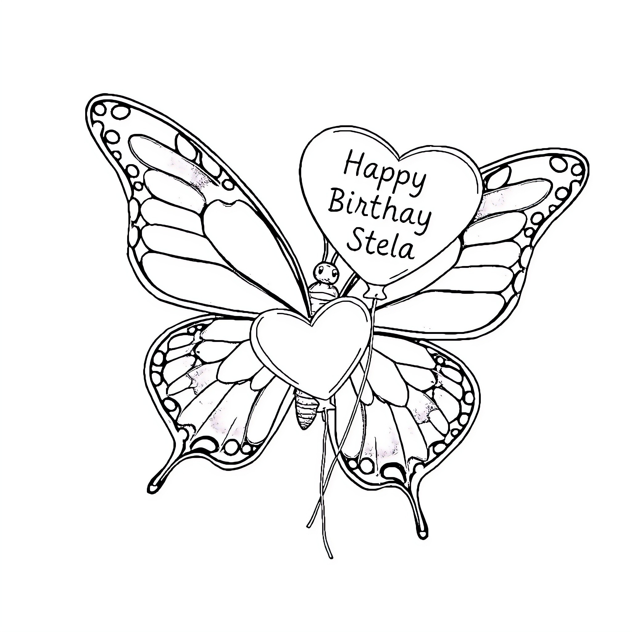 Butterfly wishing Happy Birthday to Stella Coloring Page (free black-and-white line drawing printable PDF for all, from beginners to advanced learners, including children, teens, adults, and seniors)