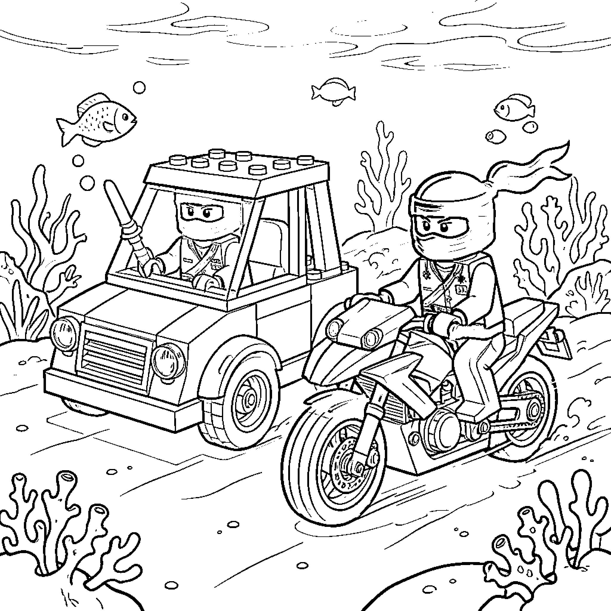 Ninja warriors exploring underwater world on vehicles Coloring Page (free black-and-white line drawing printable PDF for all, from beginners to advanced learners, including children, teens, adults, and seniors)