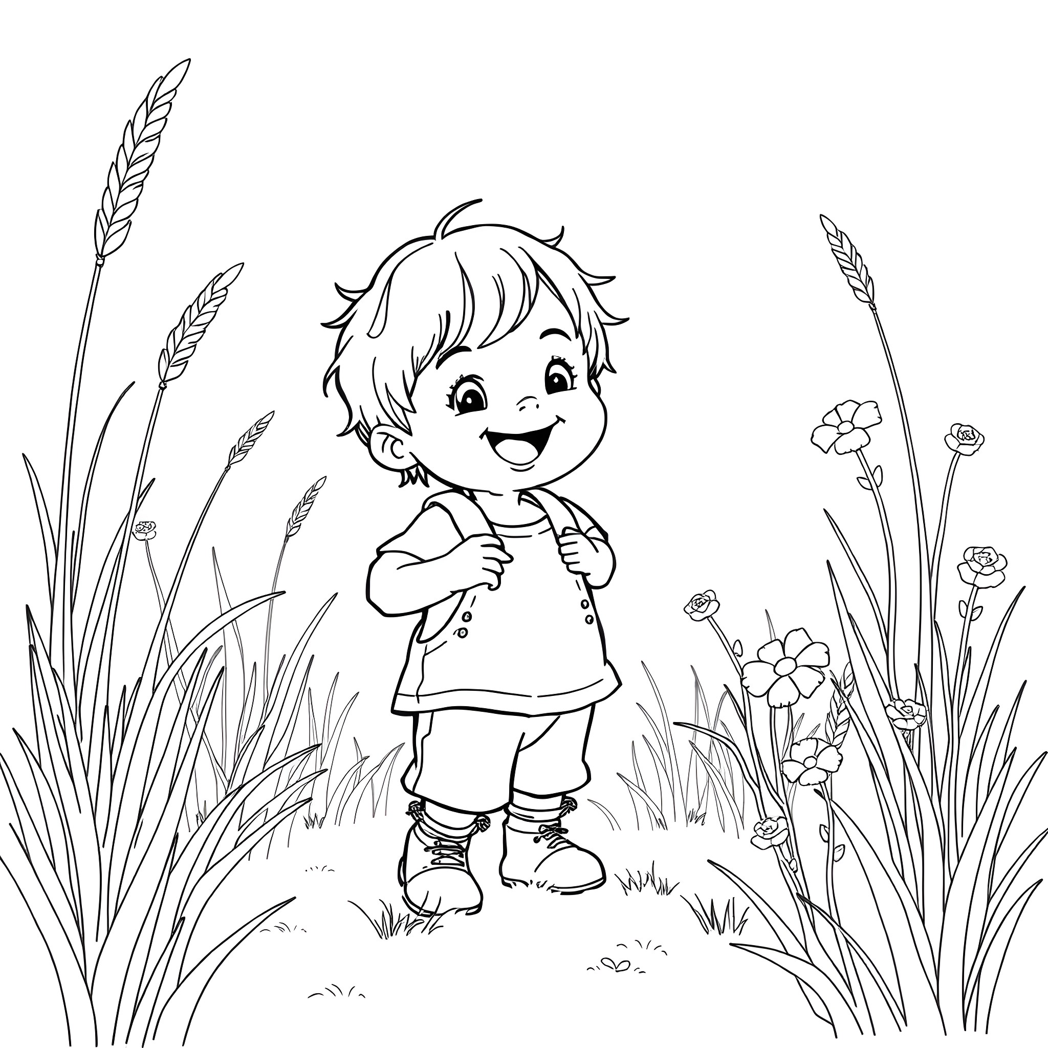Child exploring nature happily in the meadow Coloring Page (free black-and-white line drawing printable PDF for all, from beginners to advanced learners, including children, teens, adults, and seniors)