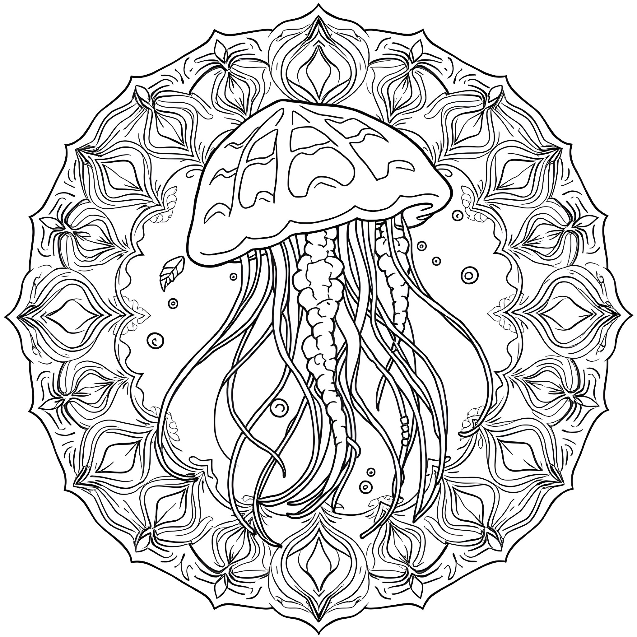 Jellyfish swimming in a floral mandala Coloring Page (free black-and-white line drawing printable PDF for all, from beginners to advanced learners, including children, teens, adults, and seniors)