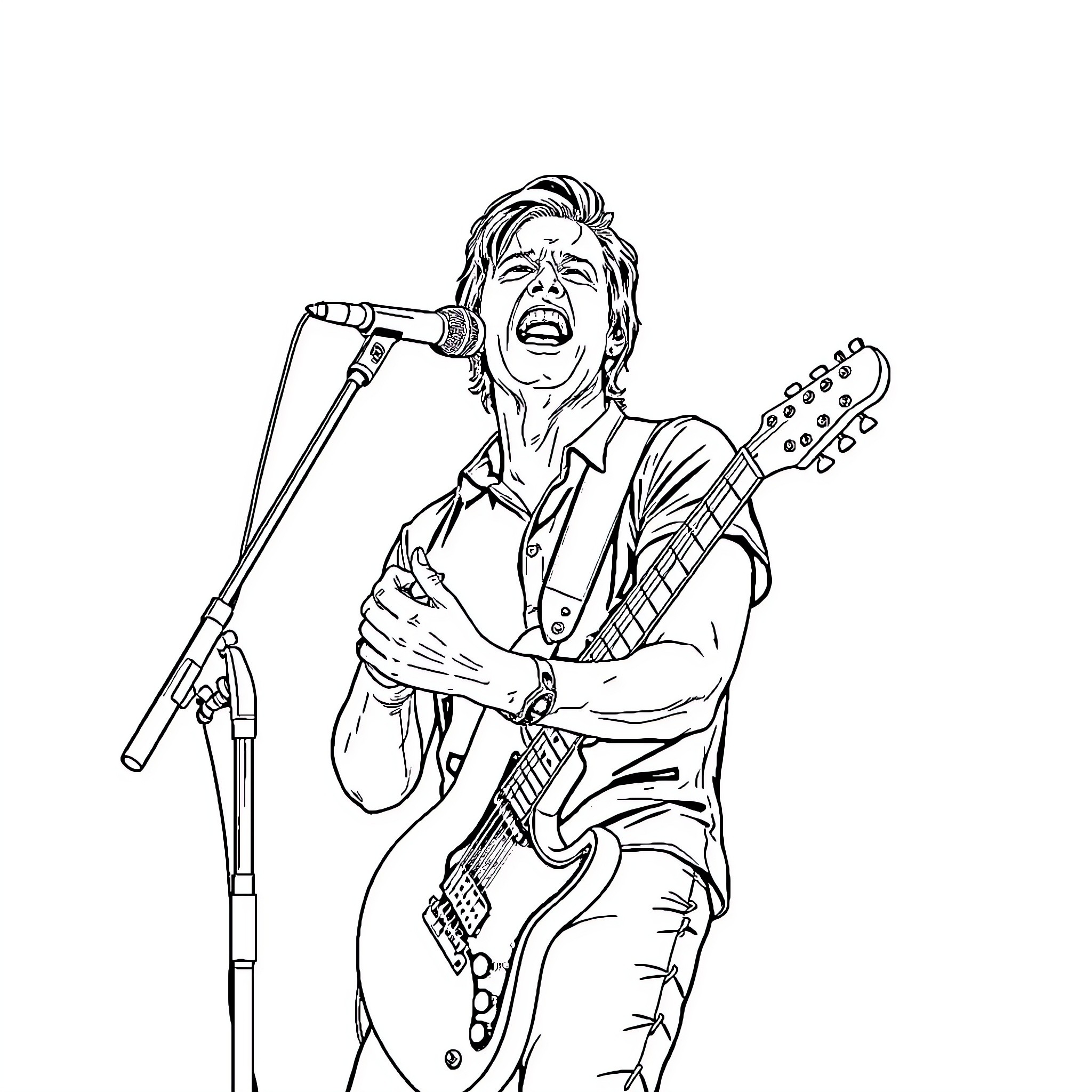 Bryan Adams performing passionately on stage with guitar Coloring Page (free black-and-white line drawing printable PDF for all, from beginners to advanced learners, including children, teens, adults, and seniors)