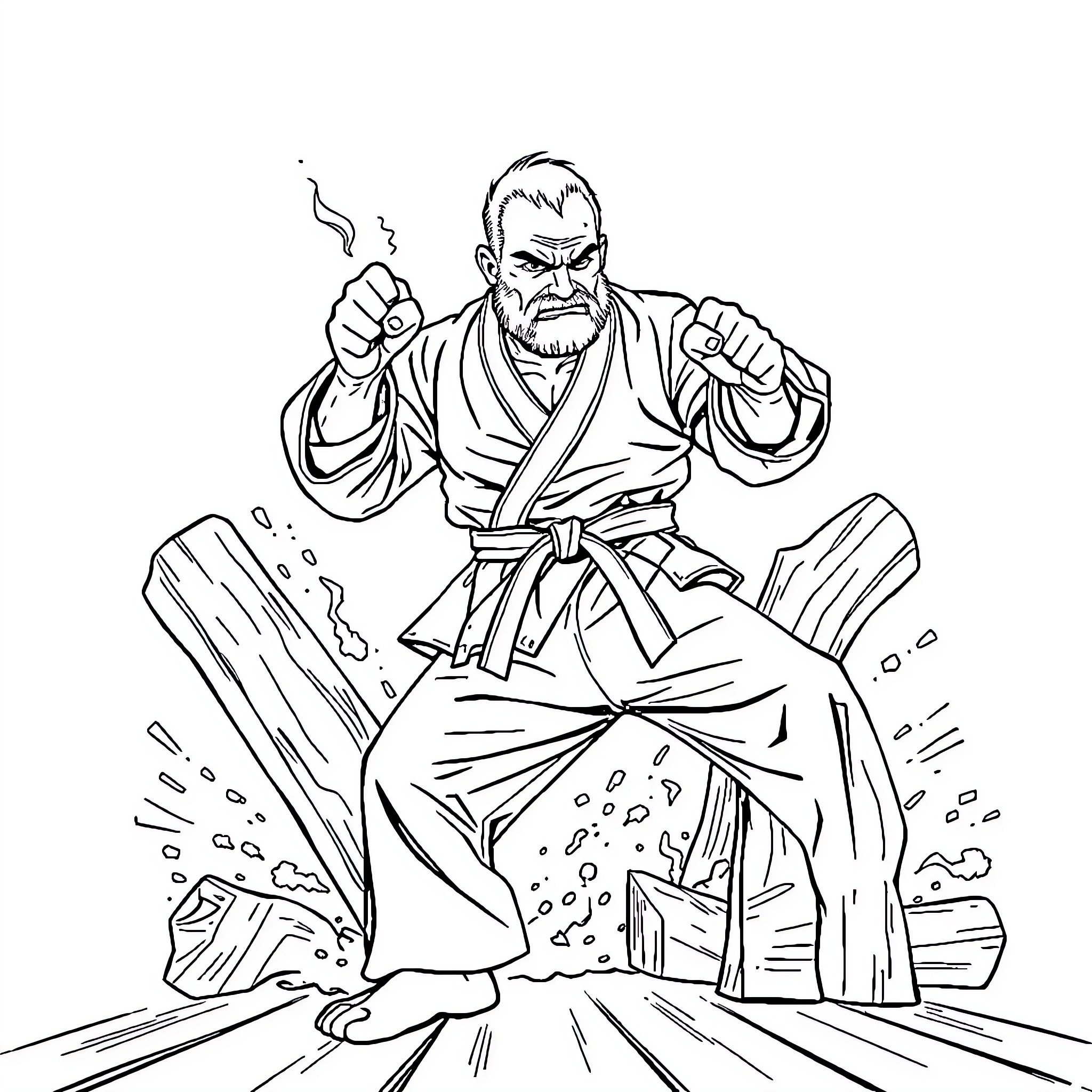 Karate Dad's Powerful Martial Arts Stance Coloring Page (free black-and-white line drawing printable PDF for all, from beginners to advanced learners, including children, teens, adults, and seniors)
