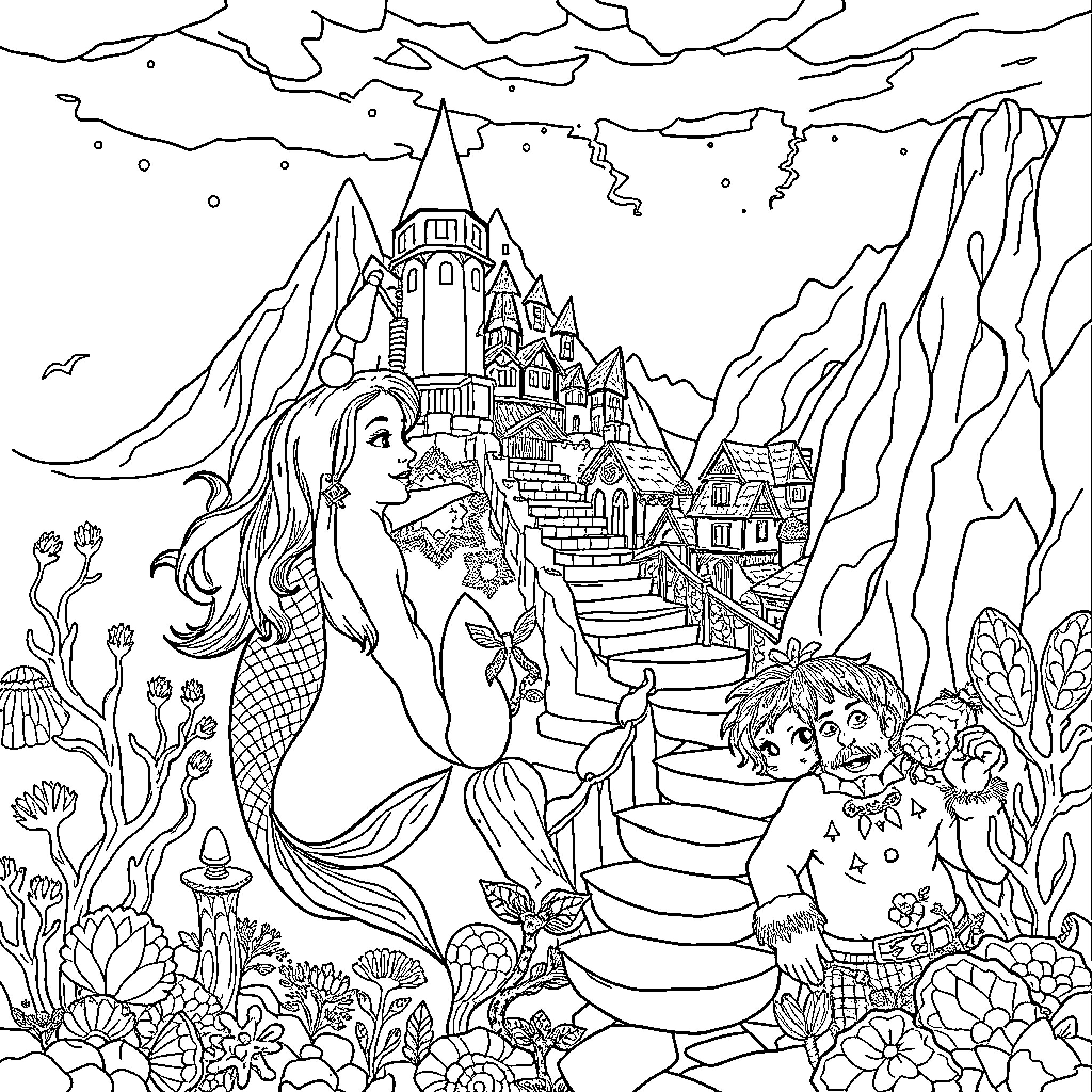 Mermaid and children exploring the underwater castle Coloring Page (free black-and-white line drawing printable PDF for all, from beginners to advanced learners, including children, teens, adults, and seniors)