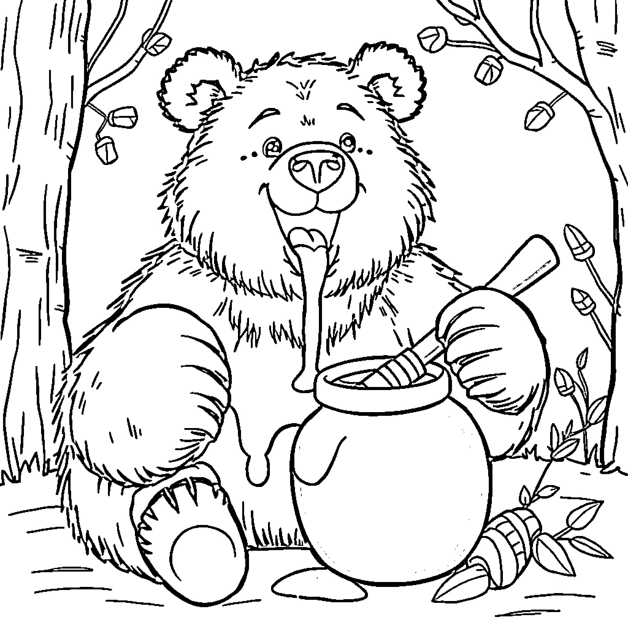 Bear enjoying honey pot in forest Coloring Page (free black-and-white line drawing printable PDF for all, from beginners to advanced learners, including children, teens, adults, and seniors)