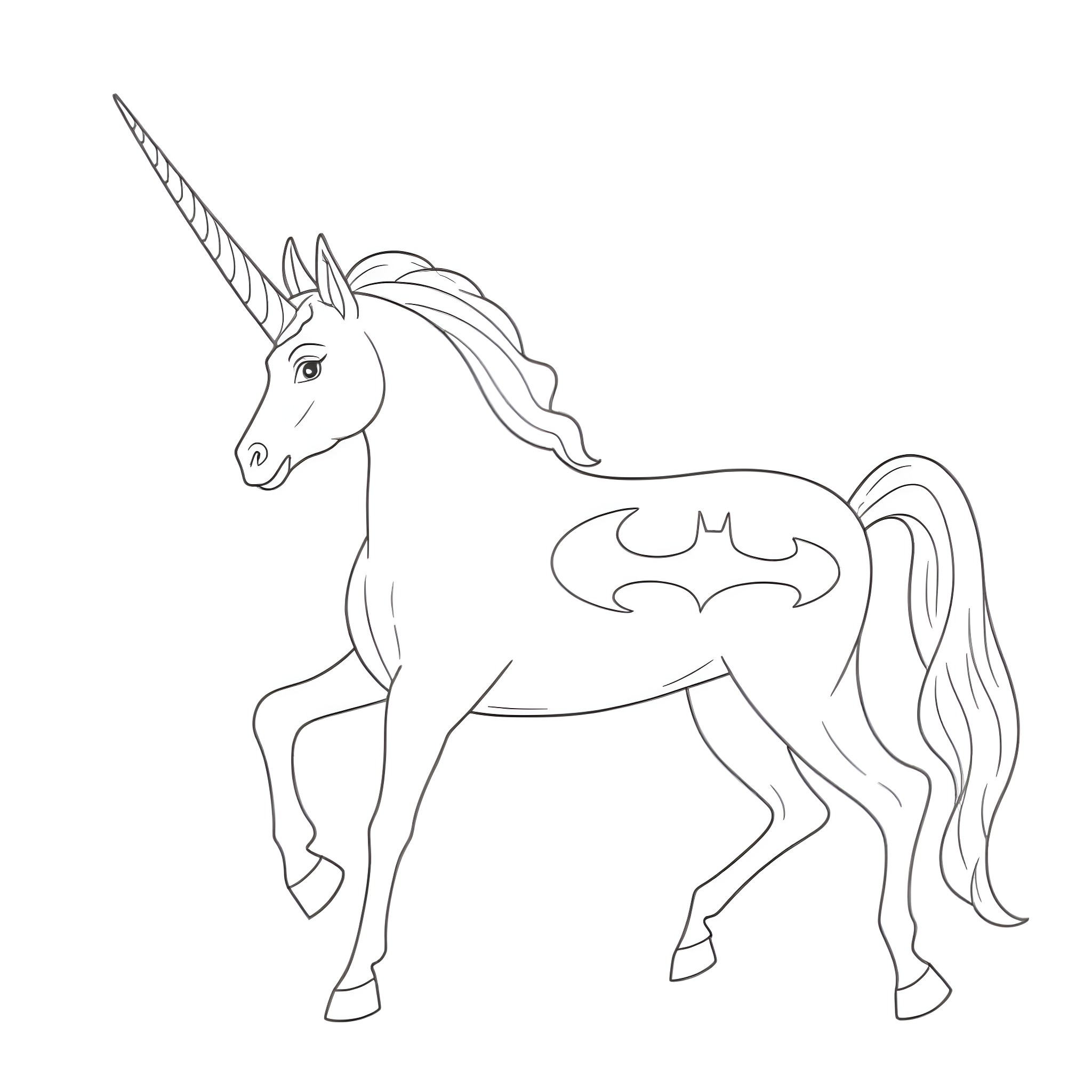 Unicorn with Batman logo standing proudly Coloring Page (free black-and-white line drawing printable PDF for all, from beginners to advanced learners, including children, teens, adults, and seniors)