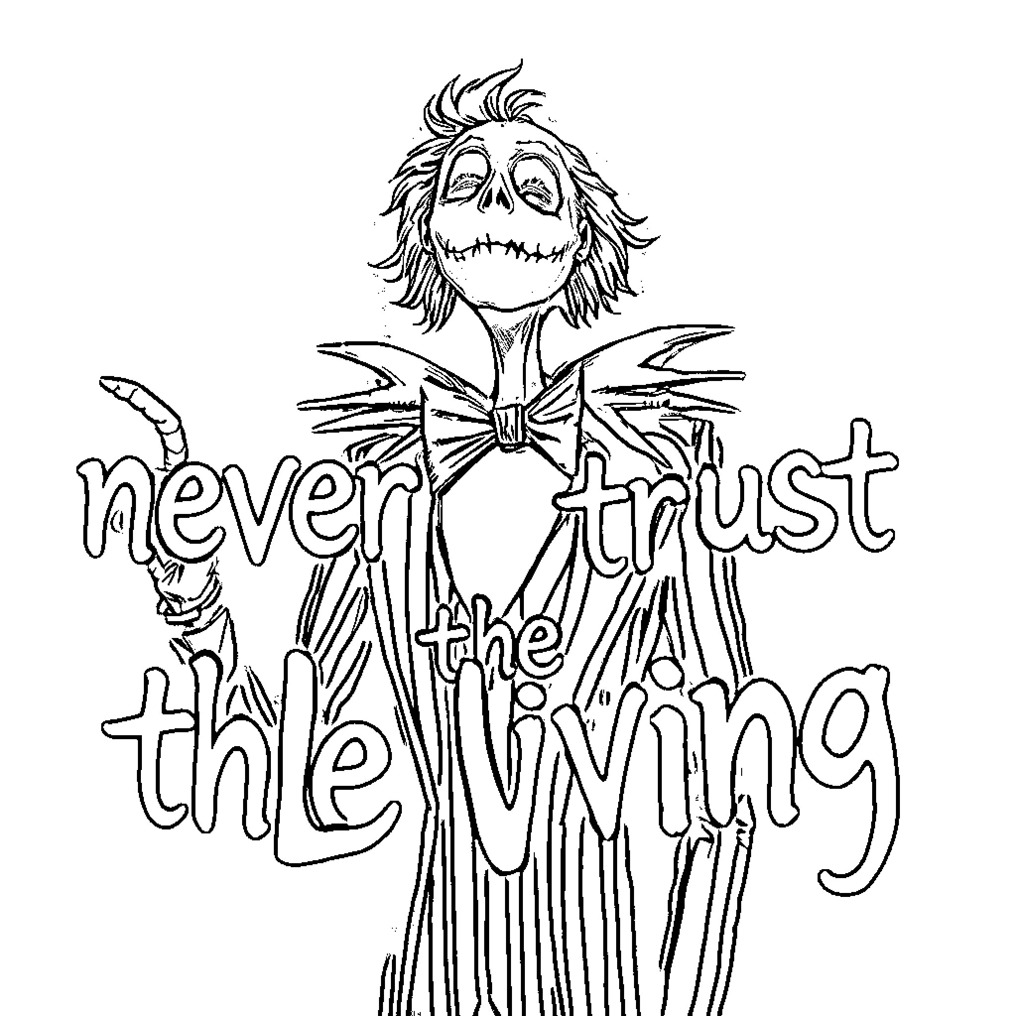 Beetlejuice Never Trust the Wiving Coloring Page (free black-and-white line drawing printable PDF for all, from beginners to advanced learners, including children, teens, adults, and seniors)
