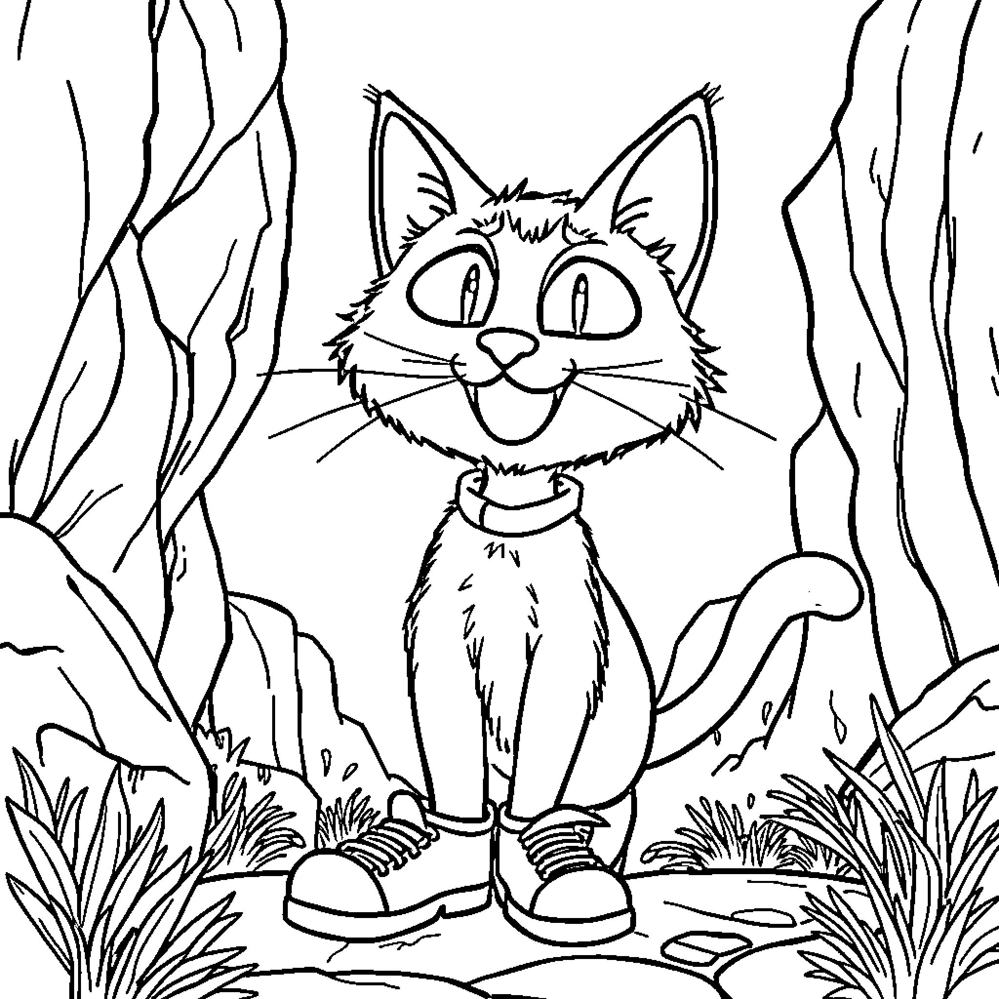 Pete the Cat explores the forest in boots Coloring Page (free black-and-white line drawing printable PDF for all, from beginners to advanced learners, including children, teens, adults, and seniors)