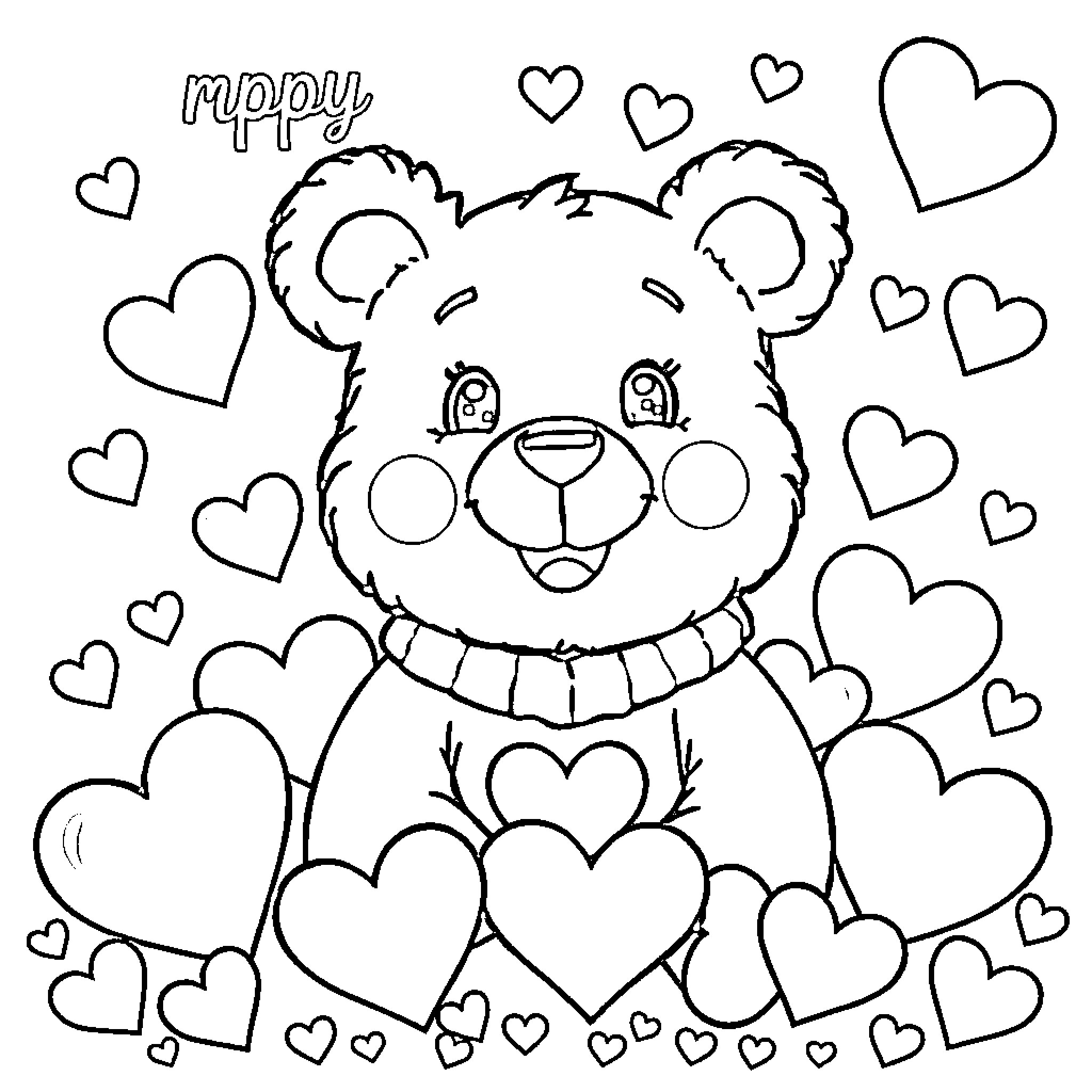Bear surrounded by joyful hearts Coloring Page (free black-and-white line drawing printable PDF for all, from beginners to advanced learners, including children, teens, adults, and seniors)