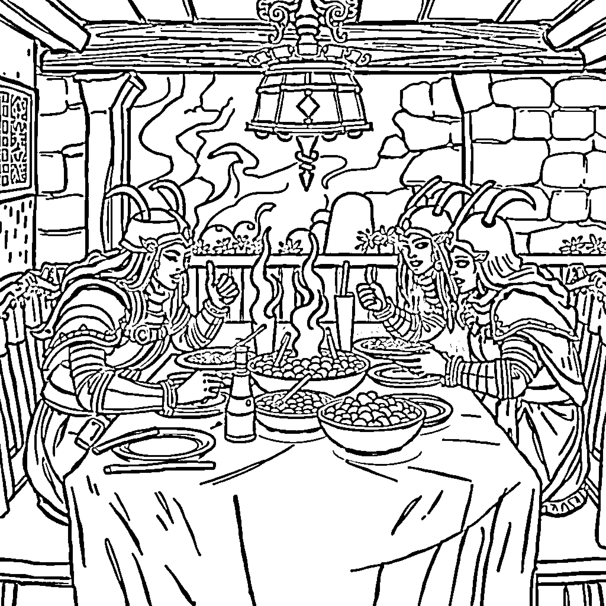 Guerrera's Feast: Vibrant Celebration with Fierce Figures Coloring Page (free black-and-white line drawing printable PDF for all, from beginners to advanced learners, including children, teens, adults, and seniors)