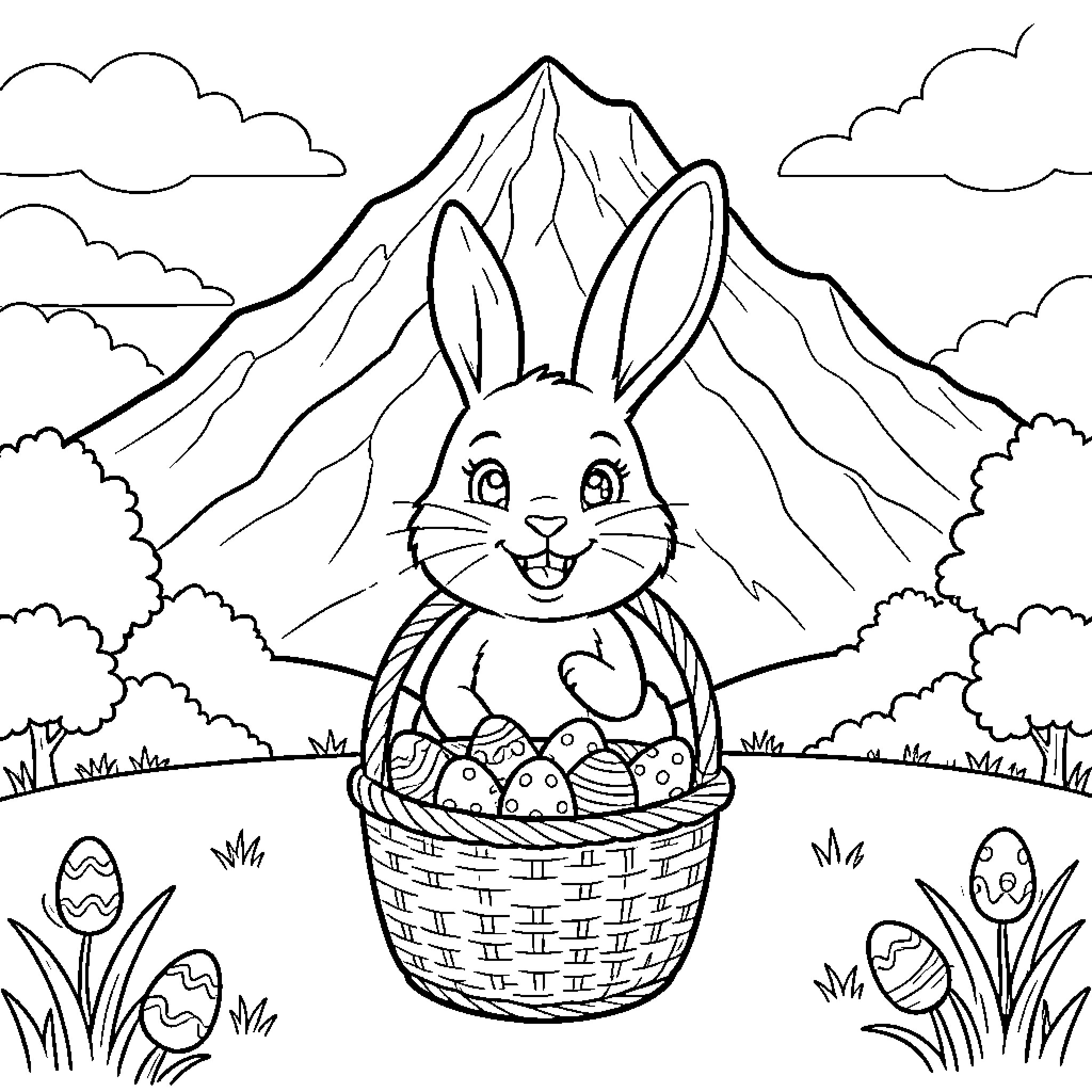 Easter Bunny Happily Carrying Basket of Eggs in Scenic Mountain Landscape Coloring Page (free black-and-white line drawing printable PDF for all, from beginners to advanced learners, including children, teens, adults, and seniors)