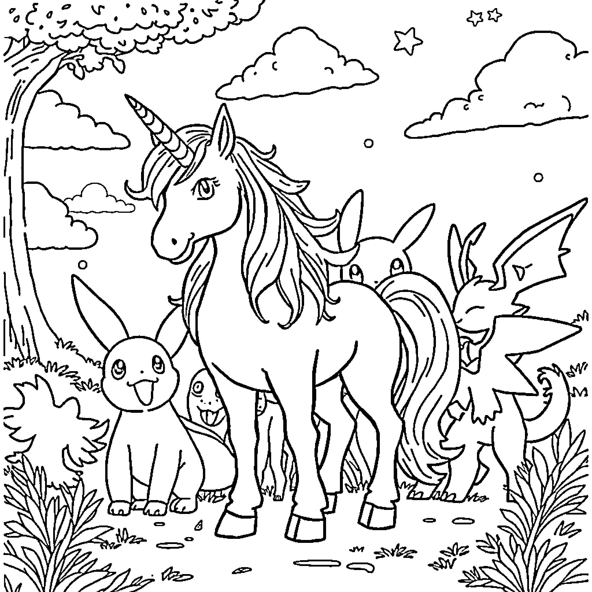 Unicorn and magical creatures in enchanted forest Coloring Page (free black-and-white line drawing printable PDF for all, from beginners to advanced learners, including children, teens, adults, and seniors)