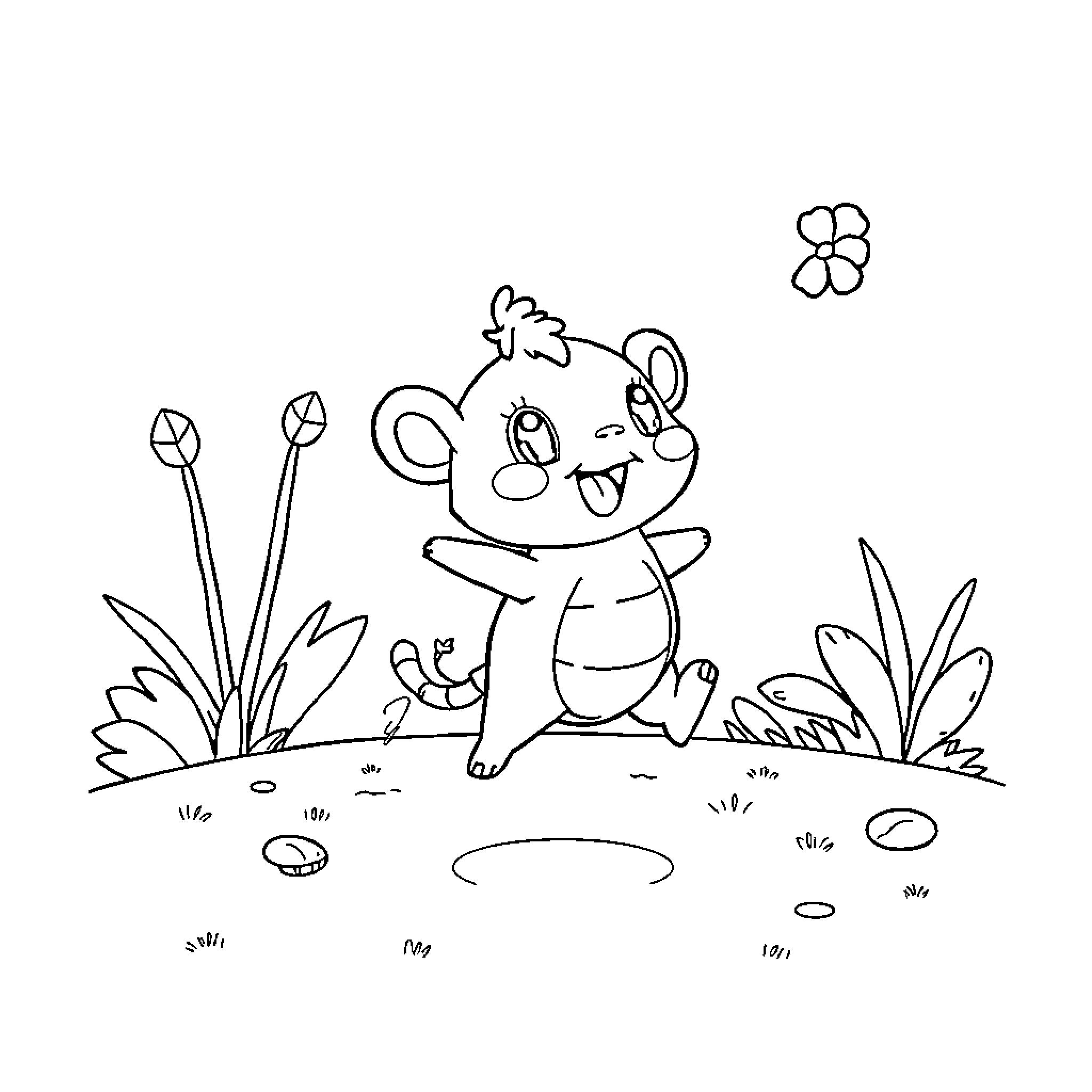 Labubu playing happily in the meadow Coloring Page (free black-and-white line drawing printable PDF for all, from beginners to advanced learners, including children, teens, adults, and seniors)