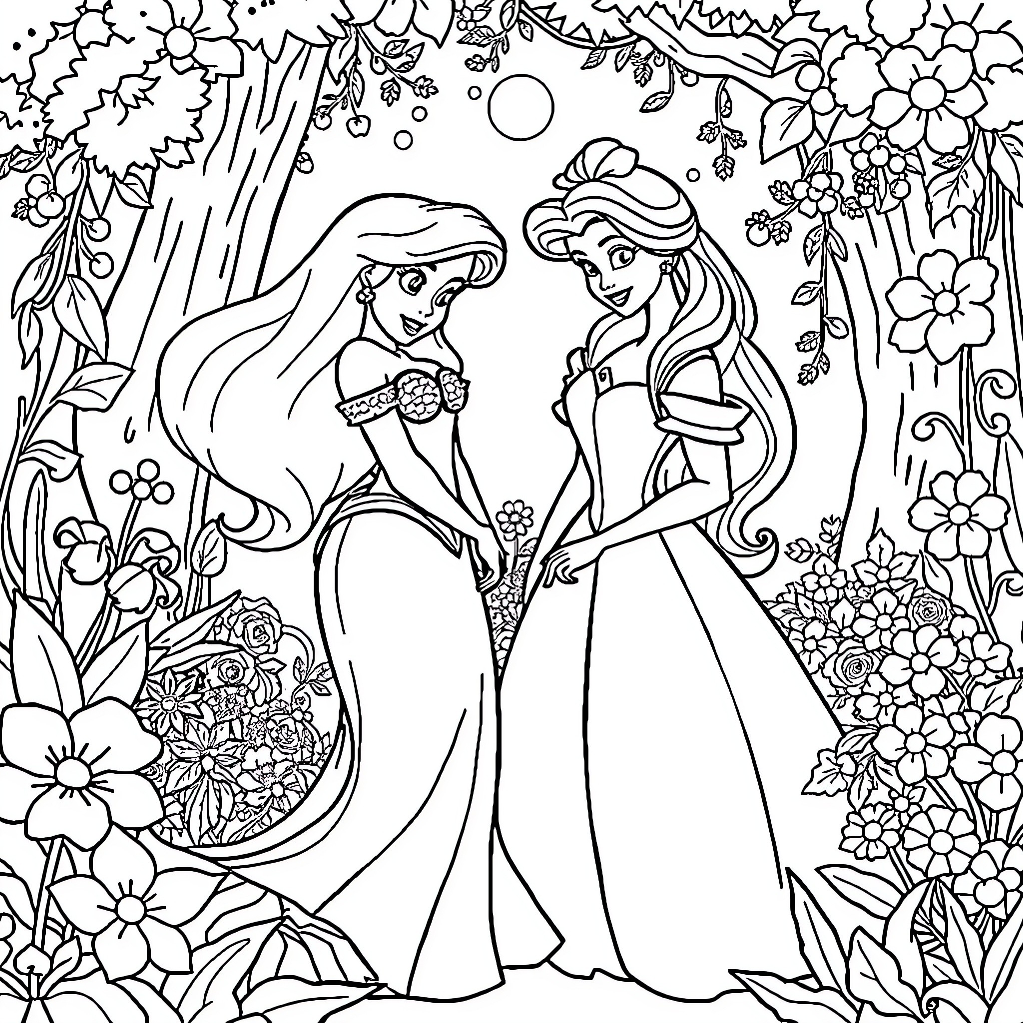 Ariel and Jasmine in a Floral Wonderland Coloring Page (free black-and-white line drawing printable PDF for all, from beginners to advanced learners, including children, teens, adults, and seniors)