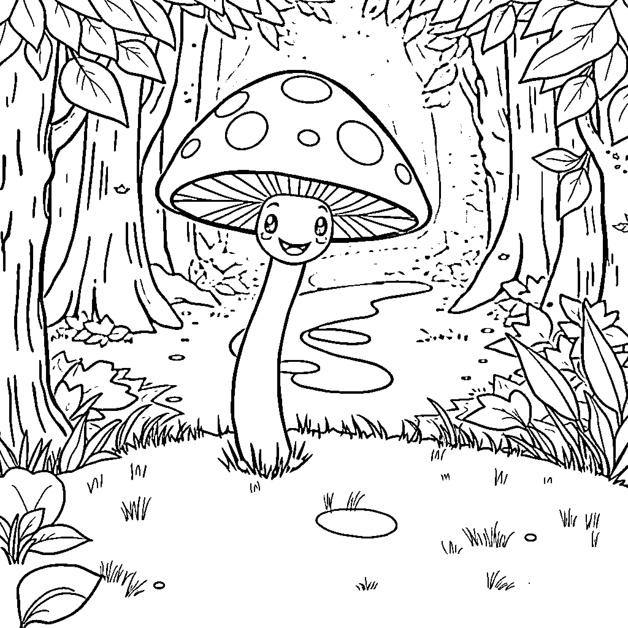 Mushroom creature in a forest Coloring Page (free black-and-white line drawing printable PDF for all, from beginners to advanced learners, including children, teens, adults, and seniors)