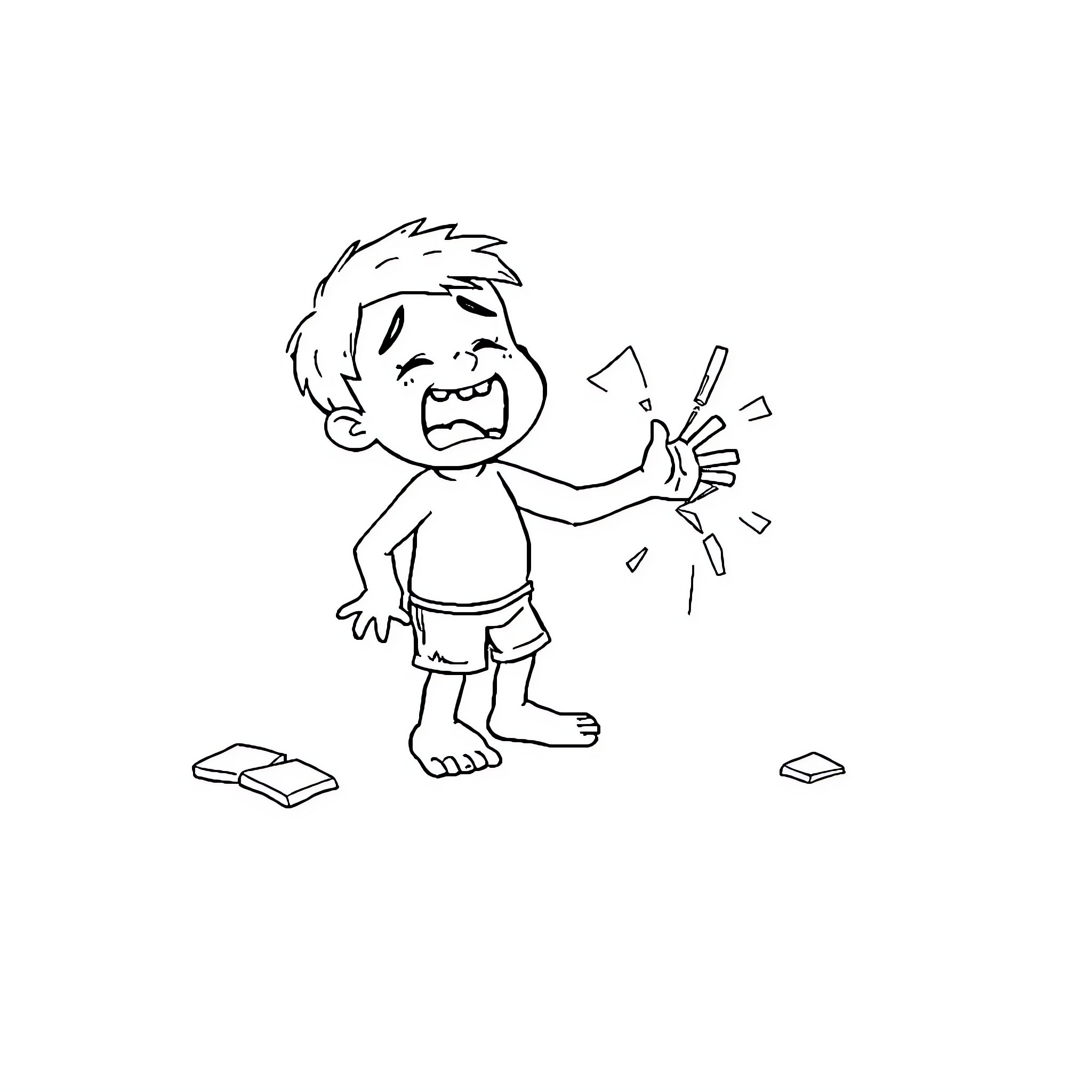 Boy Frustrated Dropping Electronics in Anger Coloring Page (free black-and-white line drawing printable PDF for all, from beginners to advanced learners, including children, teens, adults, and seniors)