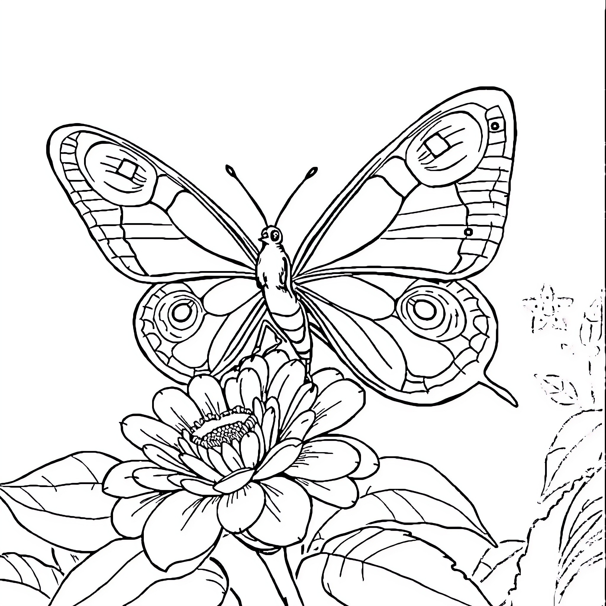 Peacock Butterfly resting on a vibrant flower Coloring Page (free black-and-white line drawing printable PDF for all, from beginners to advanced learners, including children, teens, adults, and seniors)