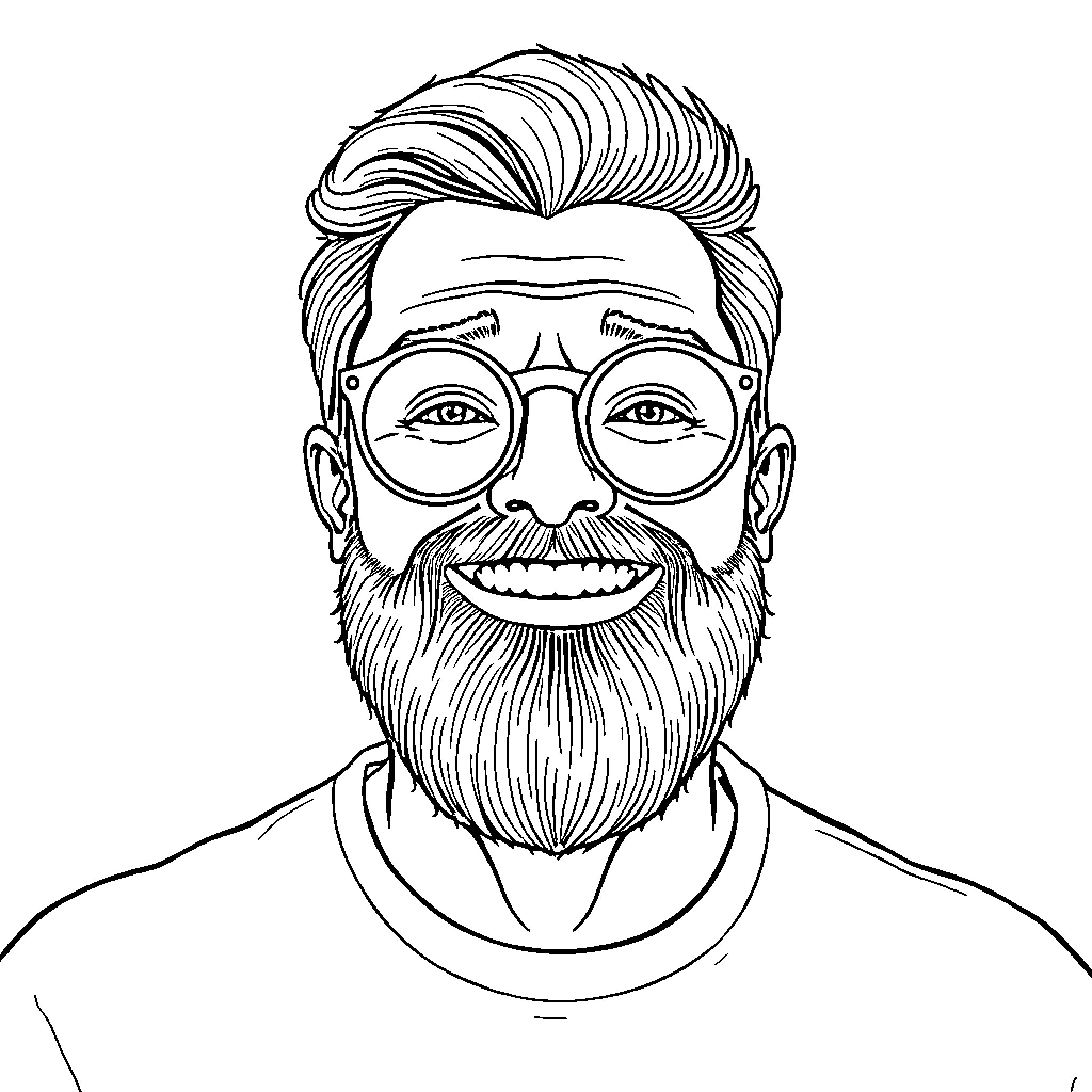 Man with Glasses and Beard Smiling Happily Coloring Page (free black-and-white line drawing printable PDF for all, from beginners to advanced learners, including children, teens, adults, and seniors)
