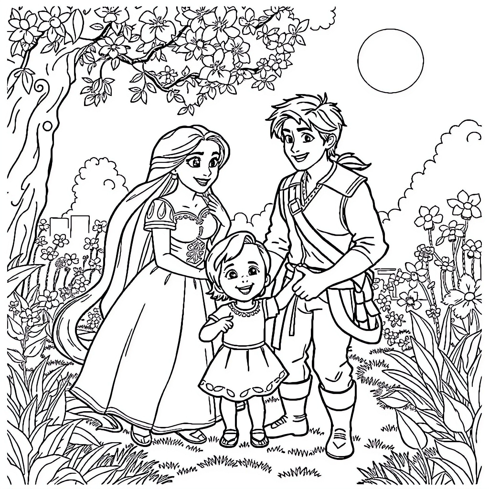 Rapunzel's Enchanting Garden Adventure Coloring Page (free black-and-white line drawing printable PDF for all, from beginners to advanced learners, including children, teens, adults, and seniors)