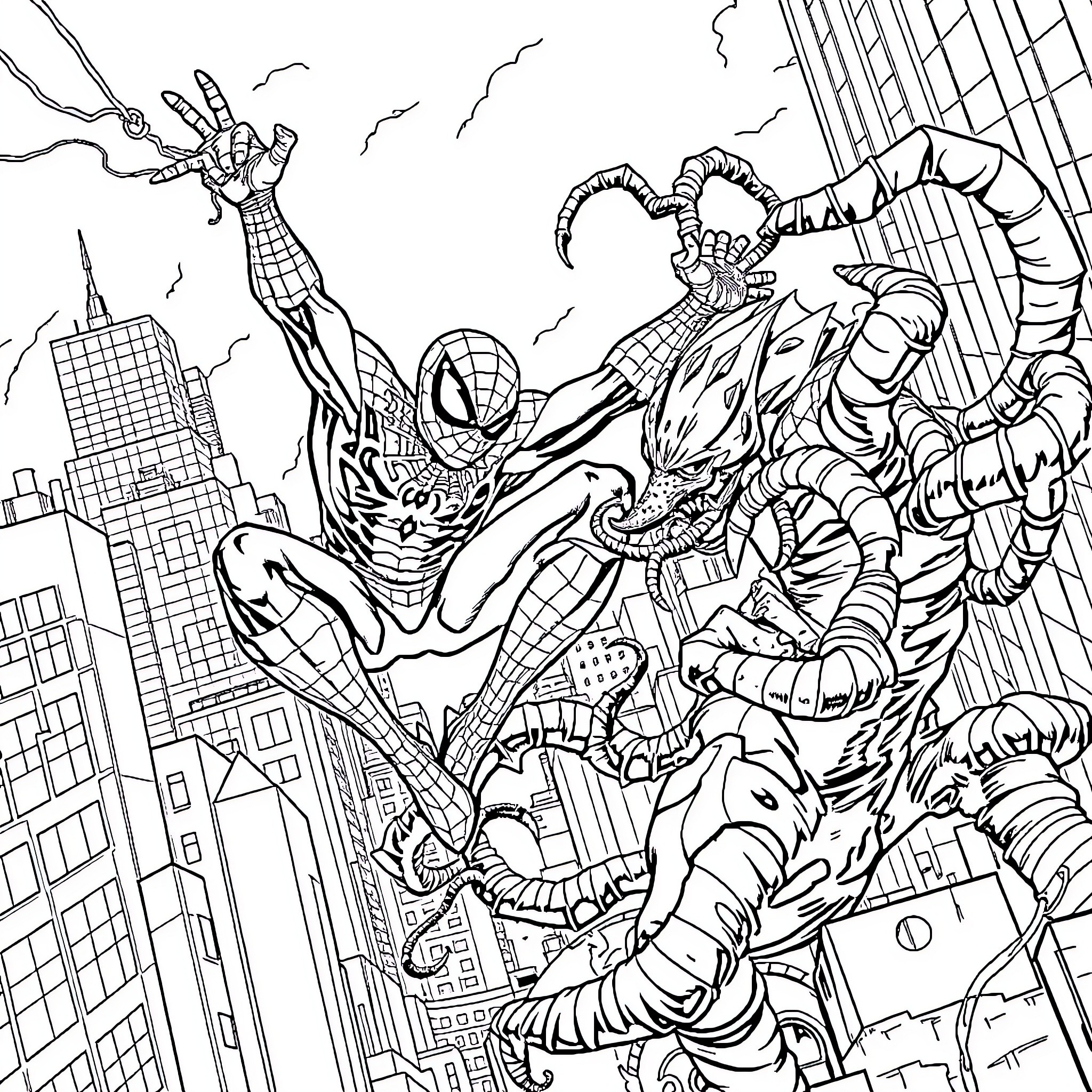 Spider-Man battling a villainous creature in the city Coloring Page (free black-and-white line drawing printable PDF for all, from beginners to advanced learners, including children, teens, adults, and seniors)