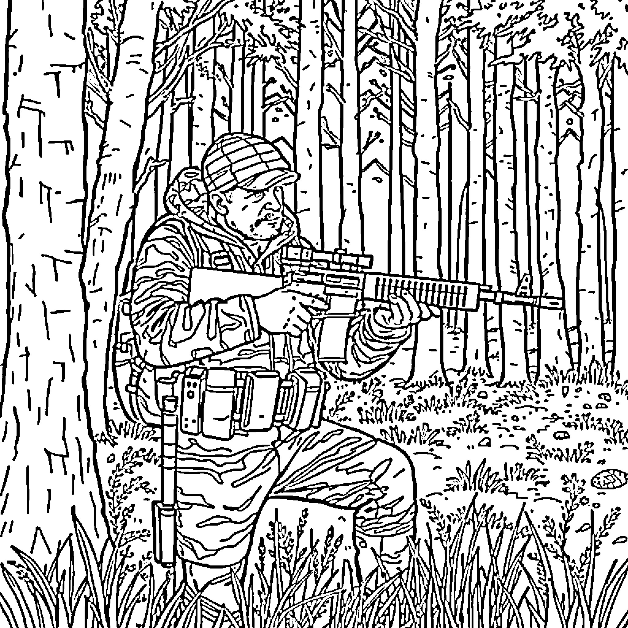Hunter Aiming Rifle in the Woodland Coloring Page (free black-and-white line drawing printable PDF for all, from beginners to advanced learners, including children, teens, adults, and seniors)