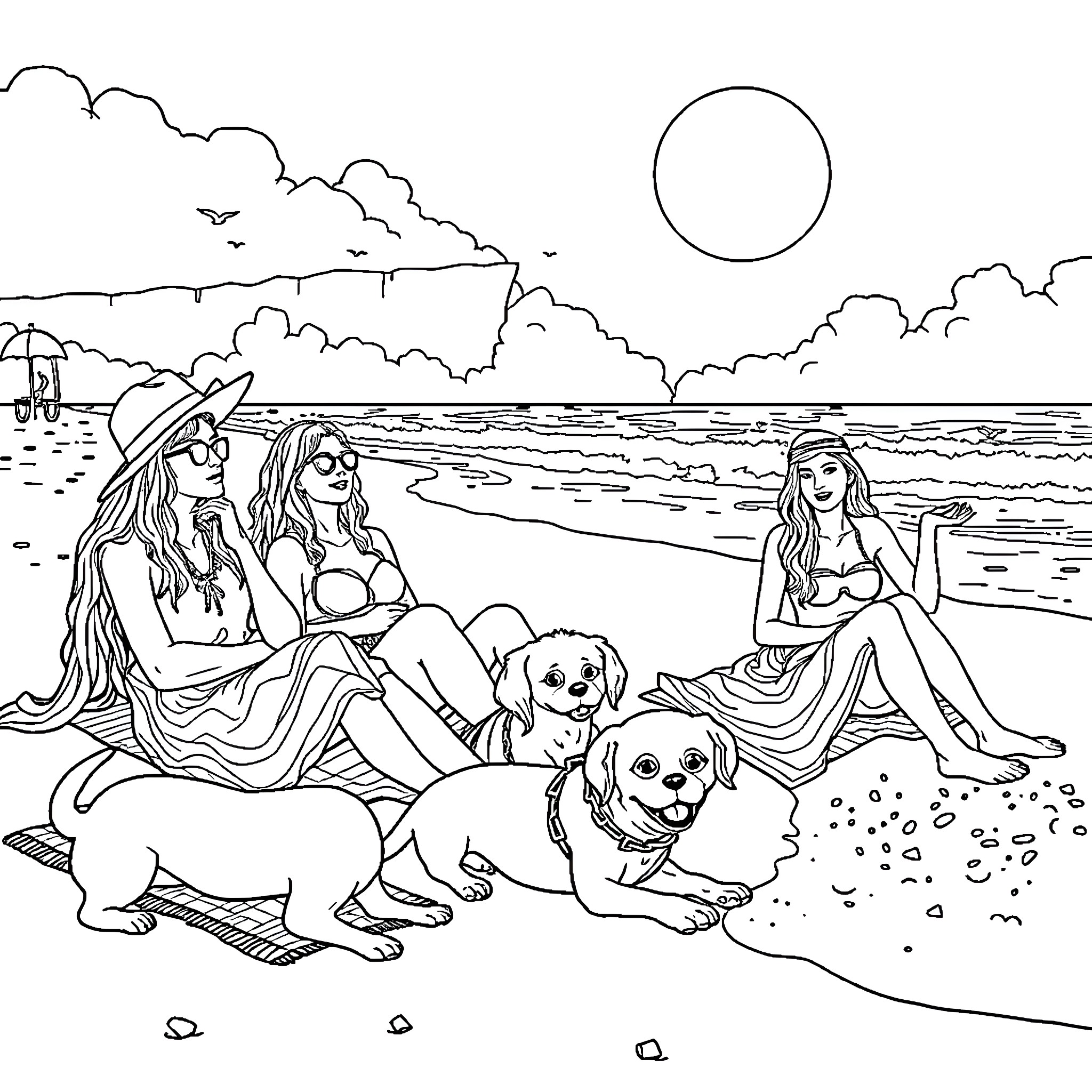 Hippie friends enjoying a beach day with pets Coloring Page (free black-and-white line drawing printable PDF for all, from beginners to advanced learners, including children, teens, adults, and seniors)