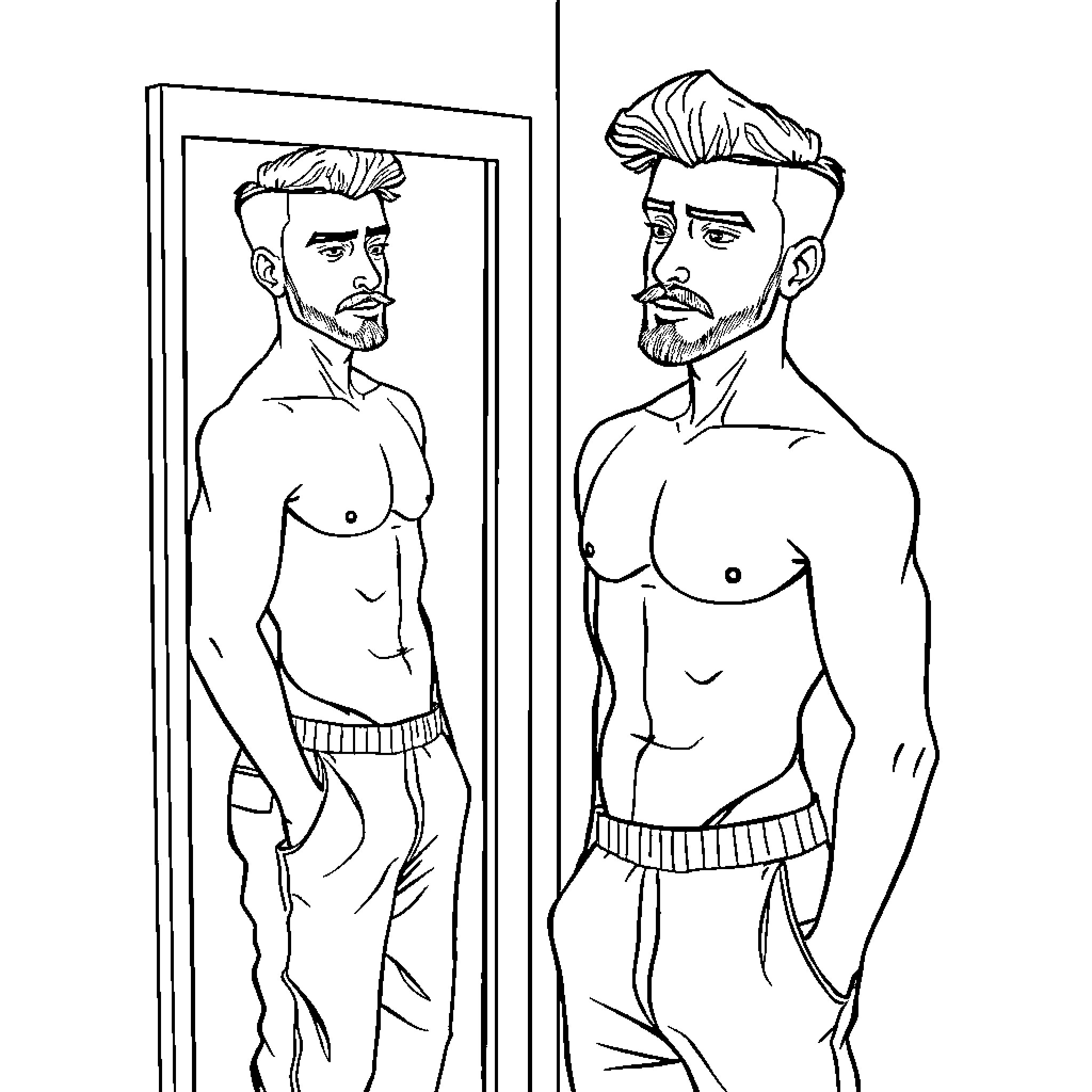 Man admiring his reflection in the mirror Coloring Page (free black-and-white line drawing printable PDF for all, from beginners to advanced learners, including children, teens, adults, and seniors)