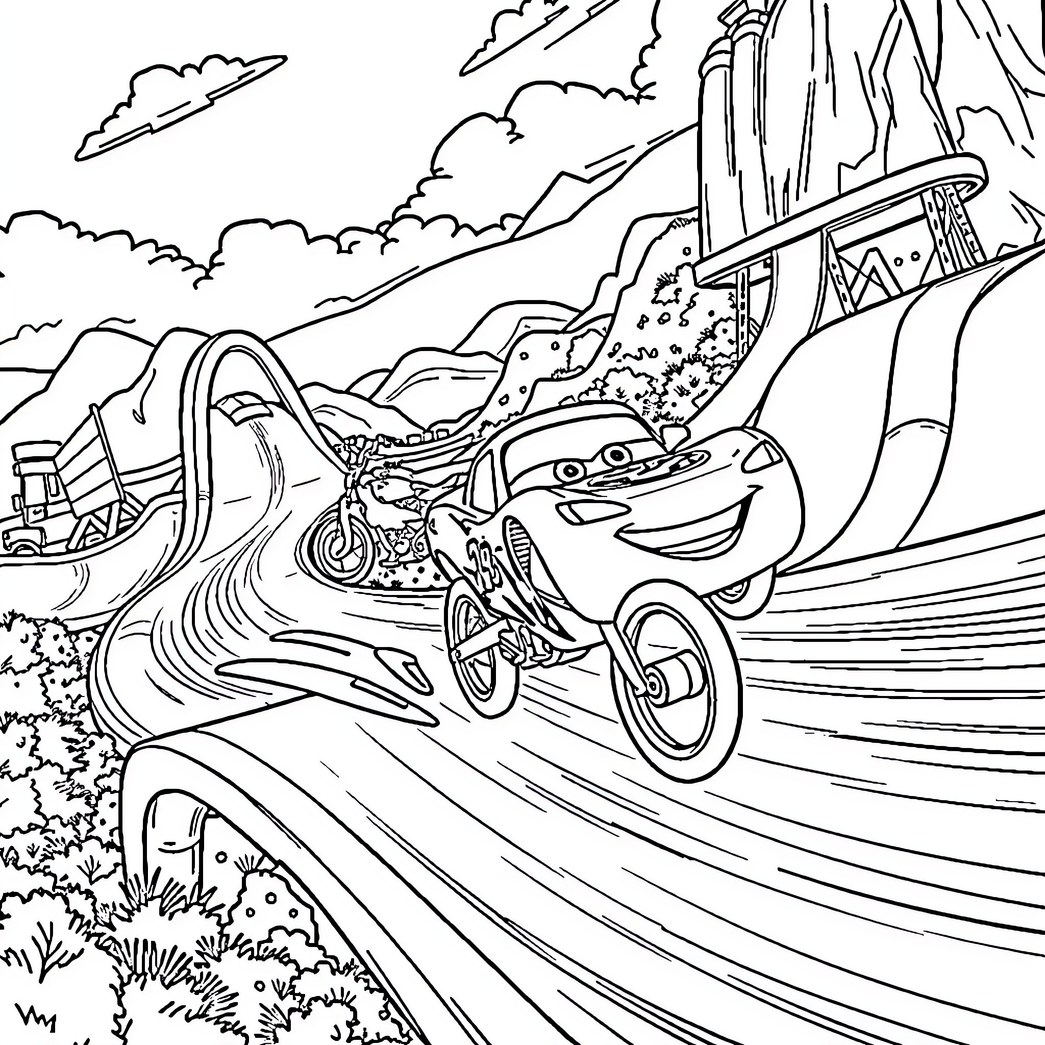 Lightning McQueen racing through a scenic landscape Coloring Page (free black-and-white line drawing printable PDF for all, from beginners to advanced learners, including children, teens, adults, and seniors)